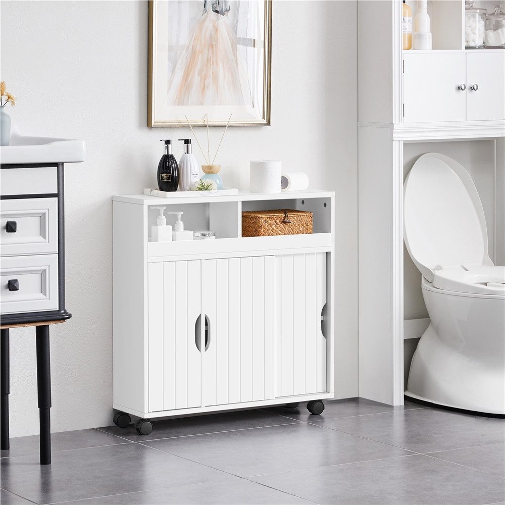 Yaheetech Badkommode Badezimmerschrank 70 × 20 × 72 cm, mit Schiebetüren & 4 Räder mit Bremsen & 7 Fächern