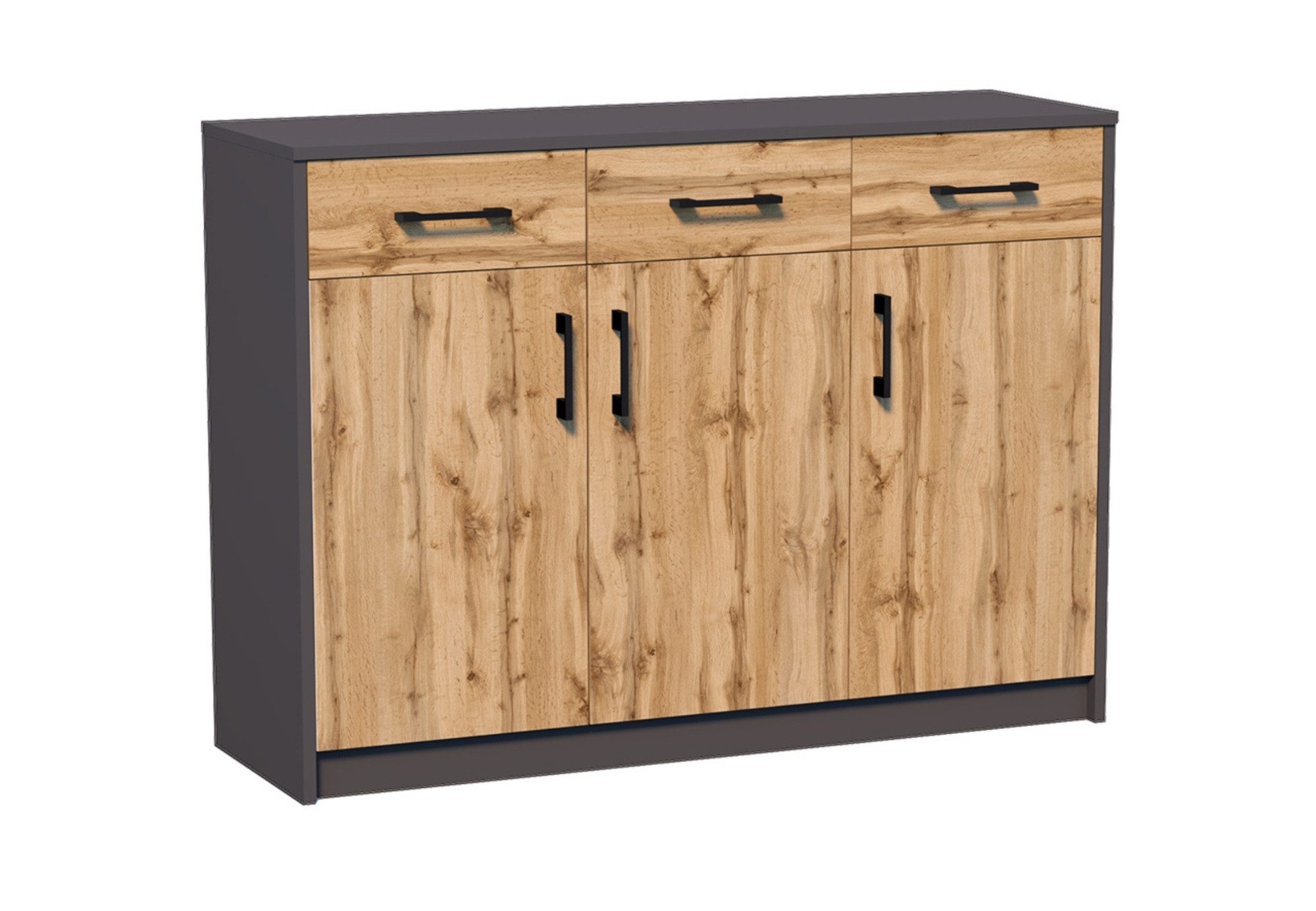 Home Collective Kommode mit 3 Schubladen und 3 Türen in matter Ausführung, Kommode 110cm (mit hochwertigen Polymergriffen, Hergestellt aus laminierten Platten, Metallrollen mit Auszugsperre), Holz Schrank Kommode mit Schubladen graphit Eiche