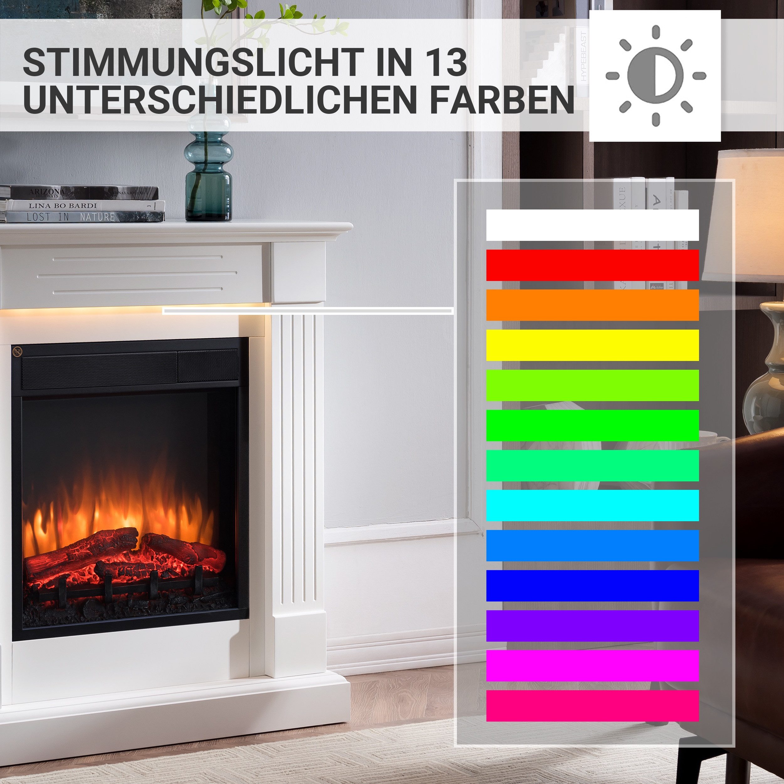 Balderia Elektrokamin Ladina Standkamin mit Heizung 2000 W, weiß, Standkamin mit Heizung 2 kW, LED-Flamme, Fernbedienung, Weiß – Bild 4 von 5
