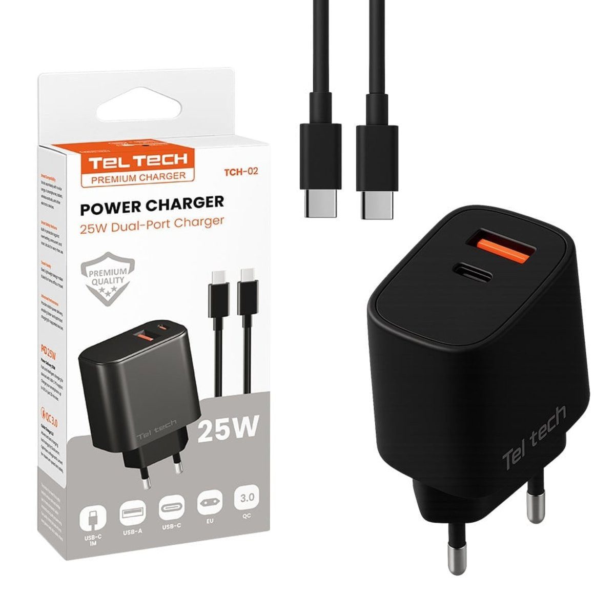Wisam Teltech Schnellladegerät USB / USB-C 25W + Kabel USB-C USB-C 1m QC Smartphone-Ladegerät