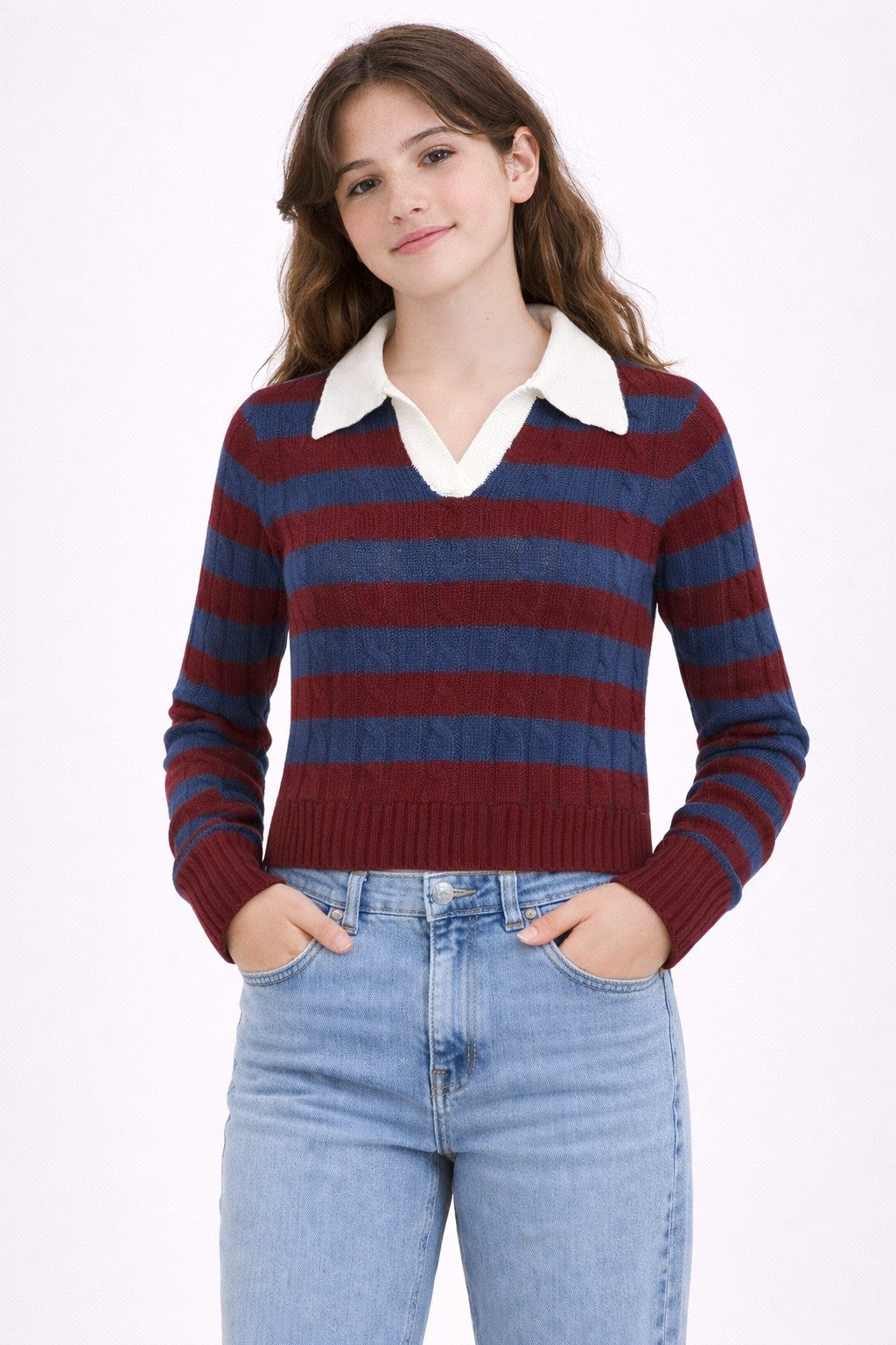 GRUNT Jacquardpullover BERTAGE (1-tlg) GRUNT Strickpullover GRBertage Mädchen – Gestreifter V-Kragen Pullover