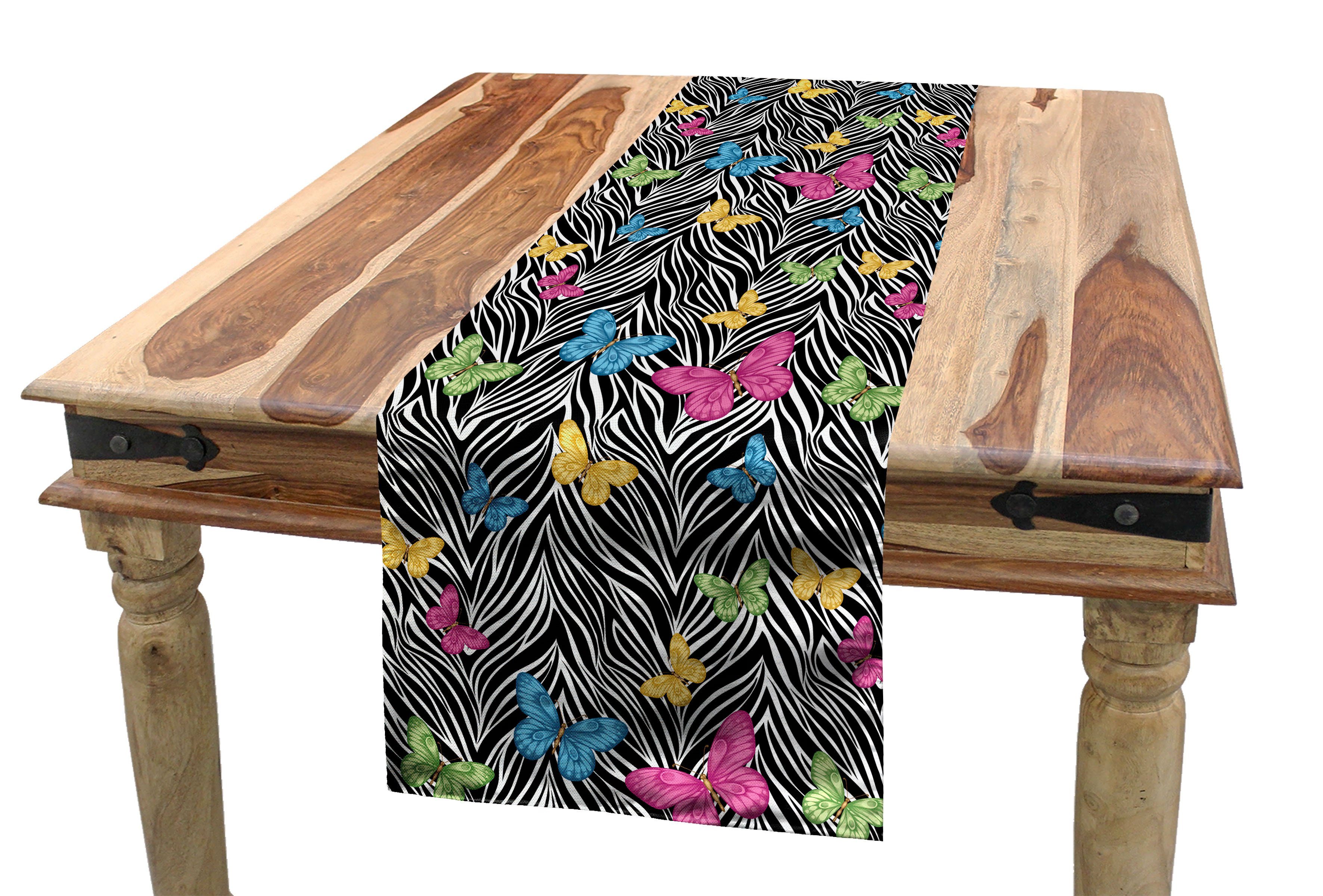 Abakuhaus Tischläufer Esszimmer Küche Rechteckiger Dekorativer Tischläufer, Bunt Schmetterlinge auf Zebra
