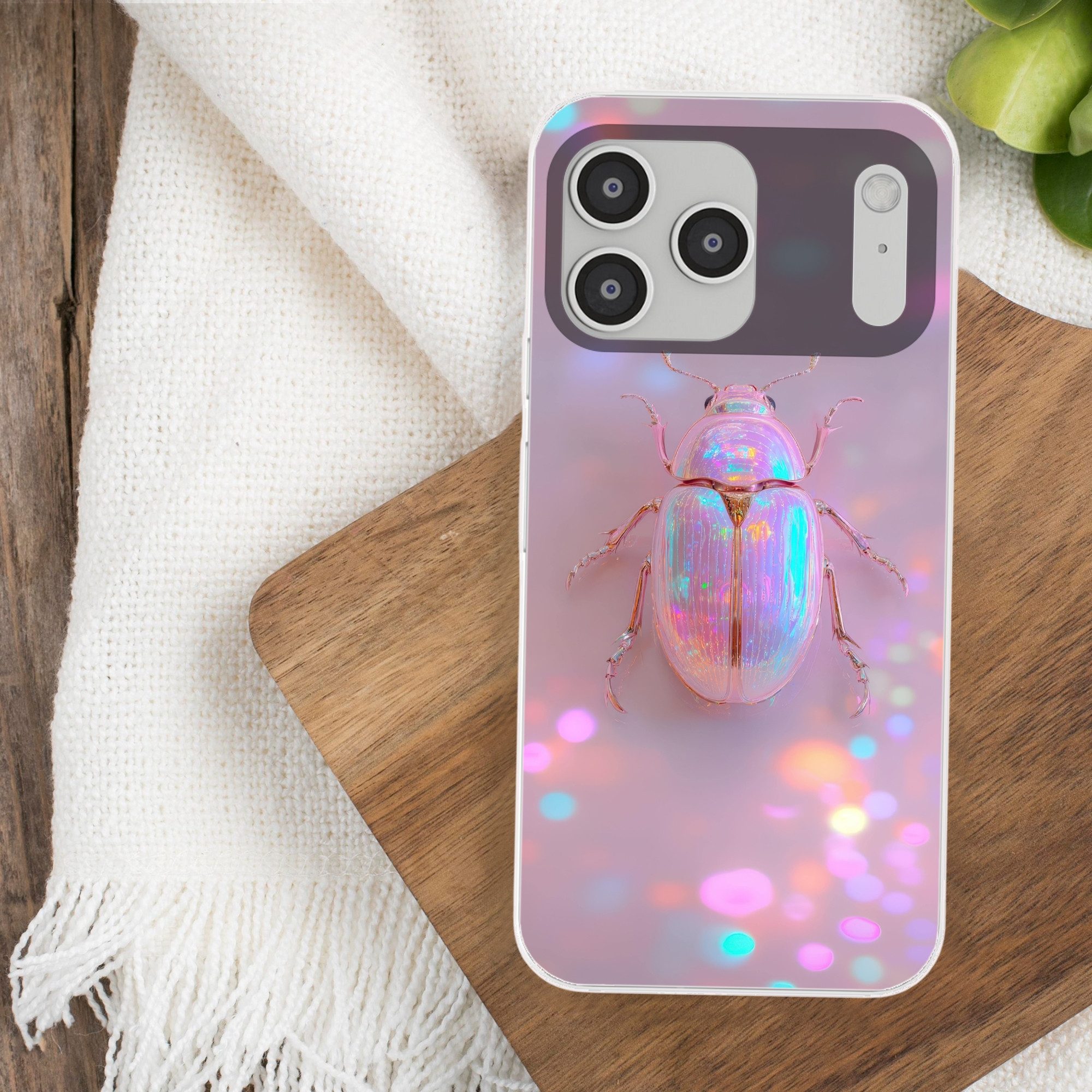 MuchoWow Handyhülle für Apple iPhone 17 Pro Max Käfer - Metallic - Lichteffekt - Rosa, Smartphone-Bumper, Print, Handy Schutzhülle Dünn