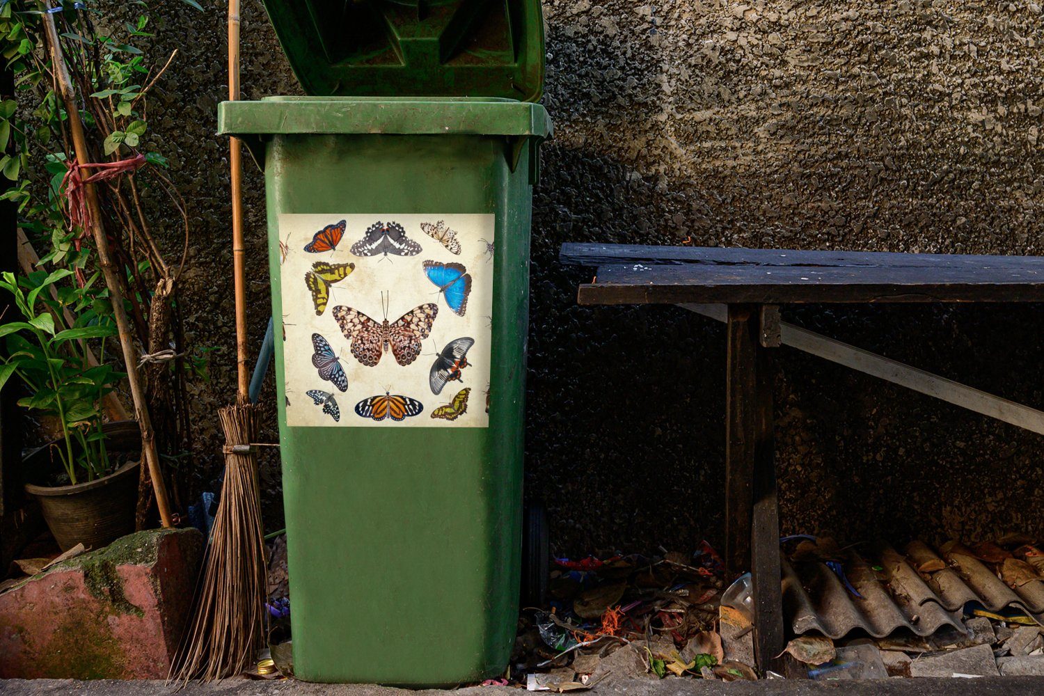 (1 St), Sticker, Botanischer Abfalbehälter Wandsticker Mülltonne, Container, Schmetterlinge Mülleimer-aufkleber, Druck MuchoWow