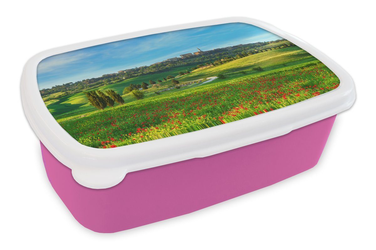 MuchoWow Lunchbox Toskana - Landschaft - Blumen, Kunststoff, (2-tlg), Brotbox für Erwachsene, Brotdose Kinder, Snackbox, Mädchen, Kunststoff rosa