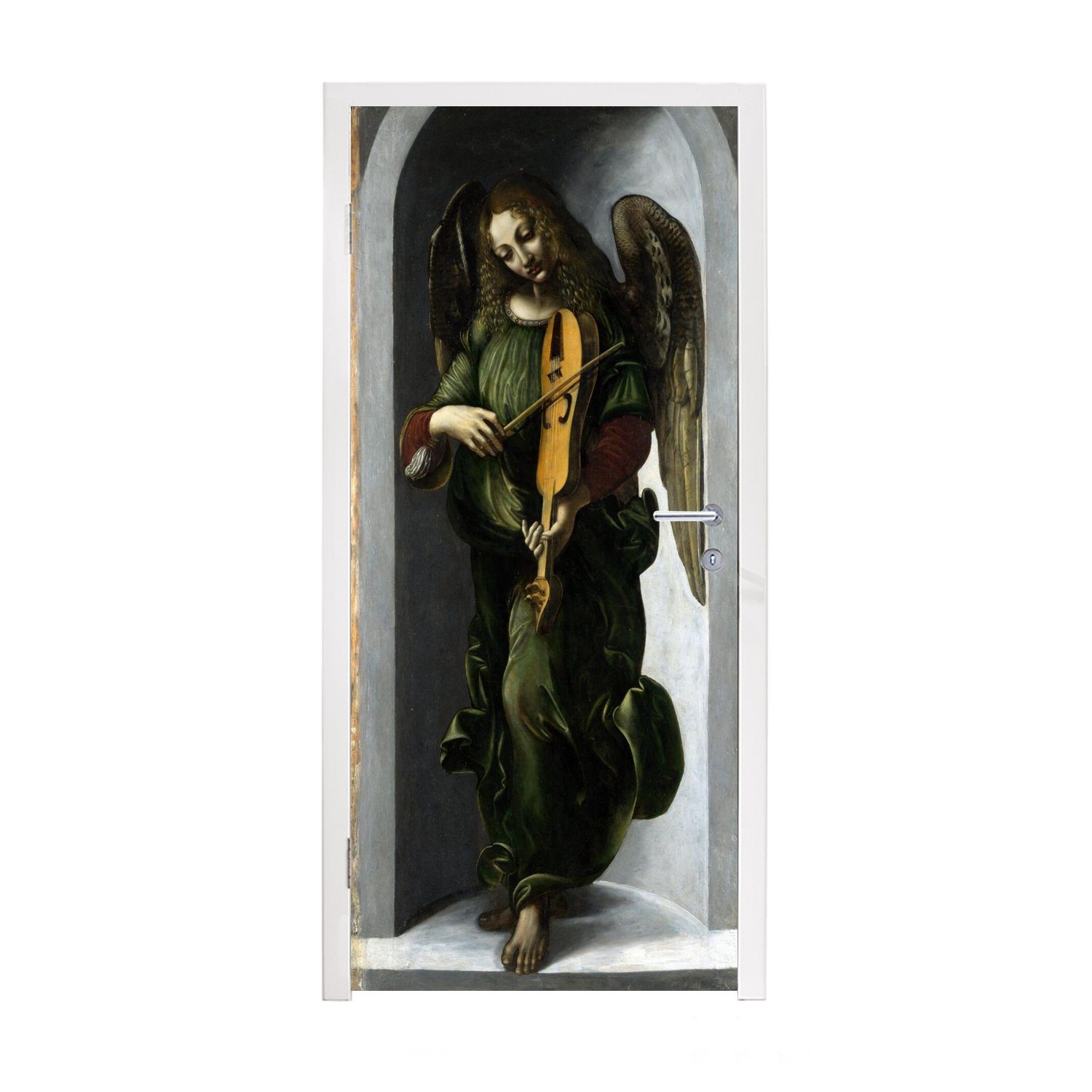 MuchoWow Türtapete Ein Engel in Grün mit einer Fahne - Leonardo da Vinci, Matt, bedruckt, (1 St), Fototapete für Tür, Türaufkleber, 75x205 cm