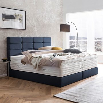 BettCo Boxspringbett Kansas (in Marine Webstoff, 140 x 200 cm), Kachel-Design + optionaler Topper, Gleiterfüße