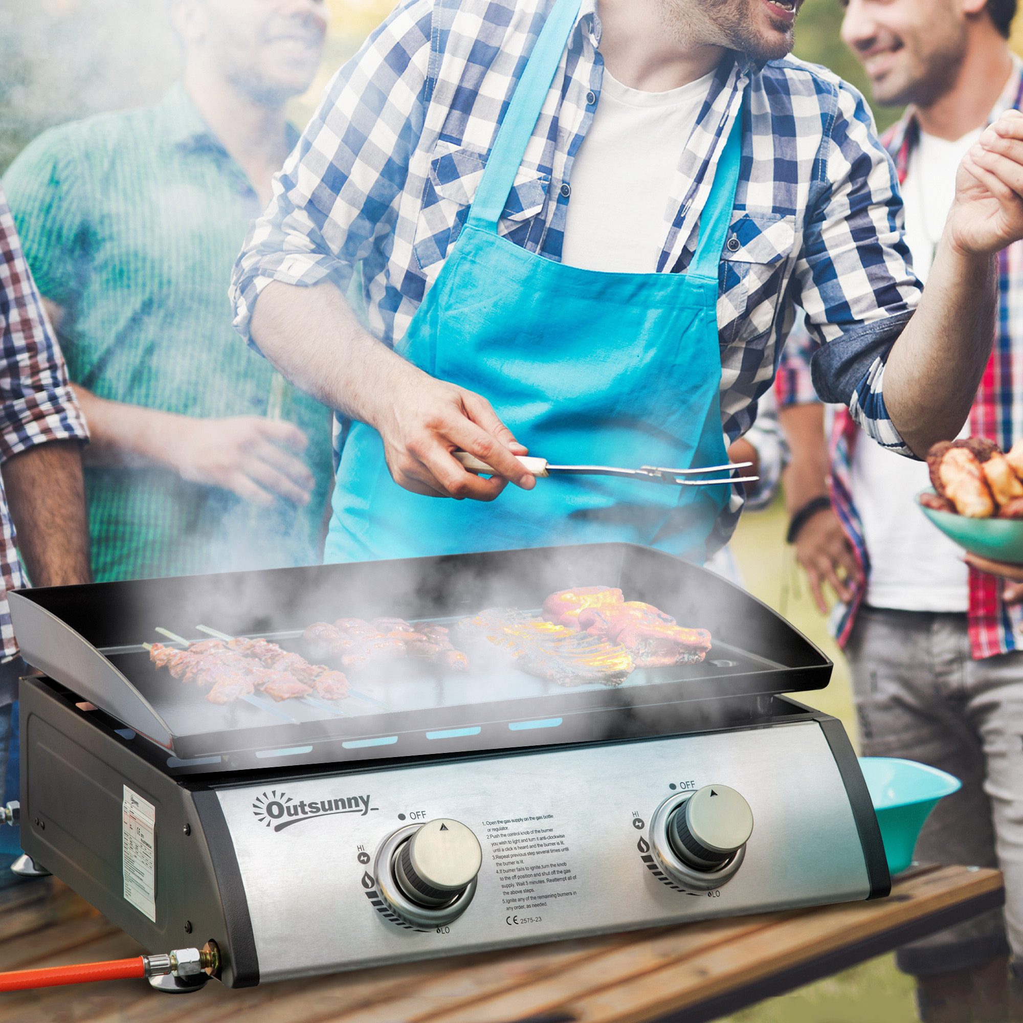 Outsunny Gasgrill Campinggrill mit 2 Brennern, Tischgrill, Tischgasgrill, Edelstahl+Metall, Silber, 48,5 x 46 x 21 cm