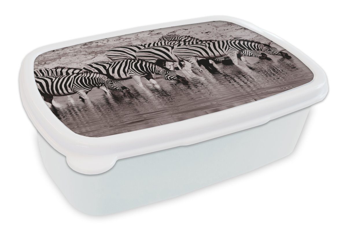 MuchoWow Lunchbox Zebras im Wasser, Kunststoff, (2-tlg), Brotbox für Kinder und Erwachsene, Brotdose, für Jungs und Mädchen weiß