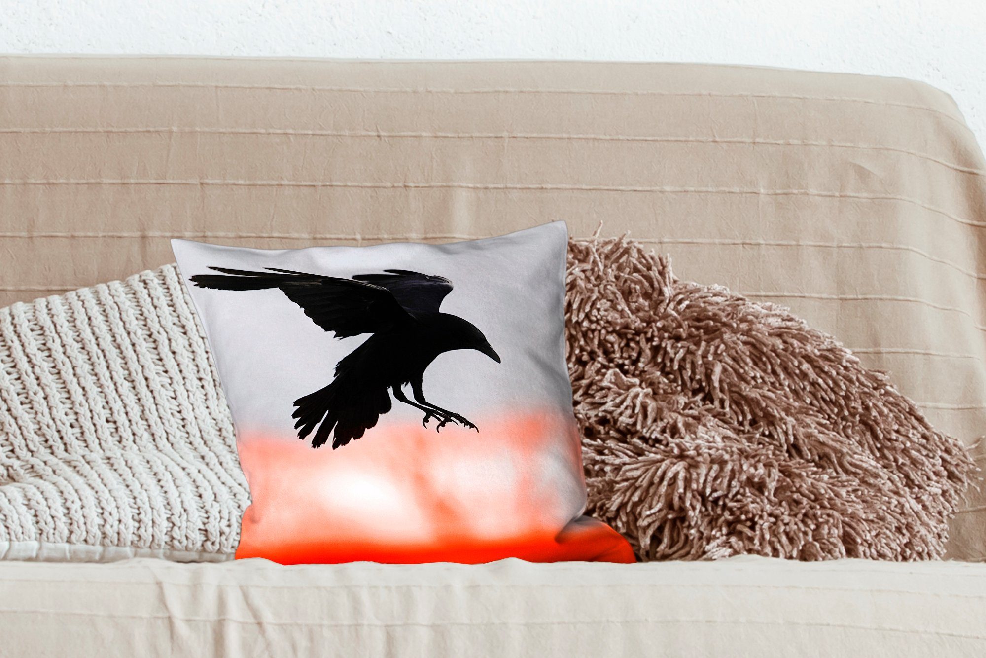 Wohzimmer, Rot, mit Sofakissen Vogel Schlafzimmer, für Zierkissen - MuchoWow Krähe Deko, Dekokissen Füllung -