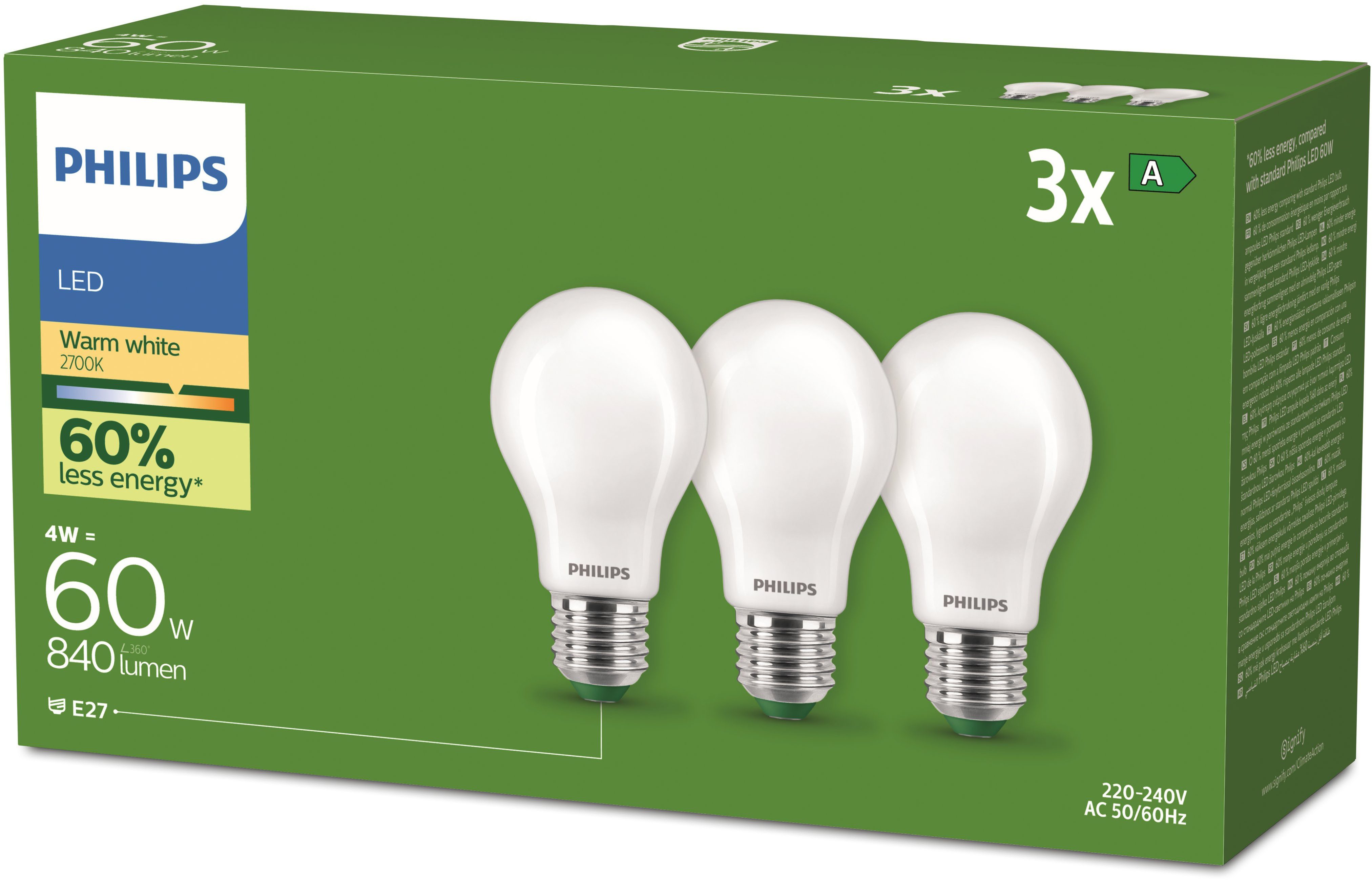 Philips LED-Leuchtmittel UltraEfficient 60W 2700K, E27, 3 St., Warmweiß