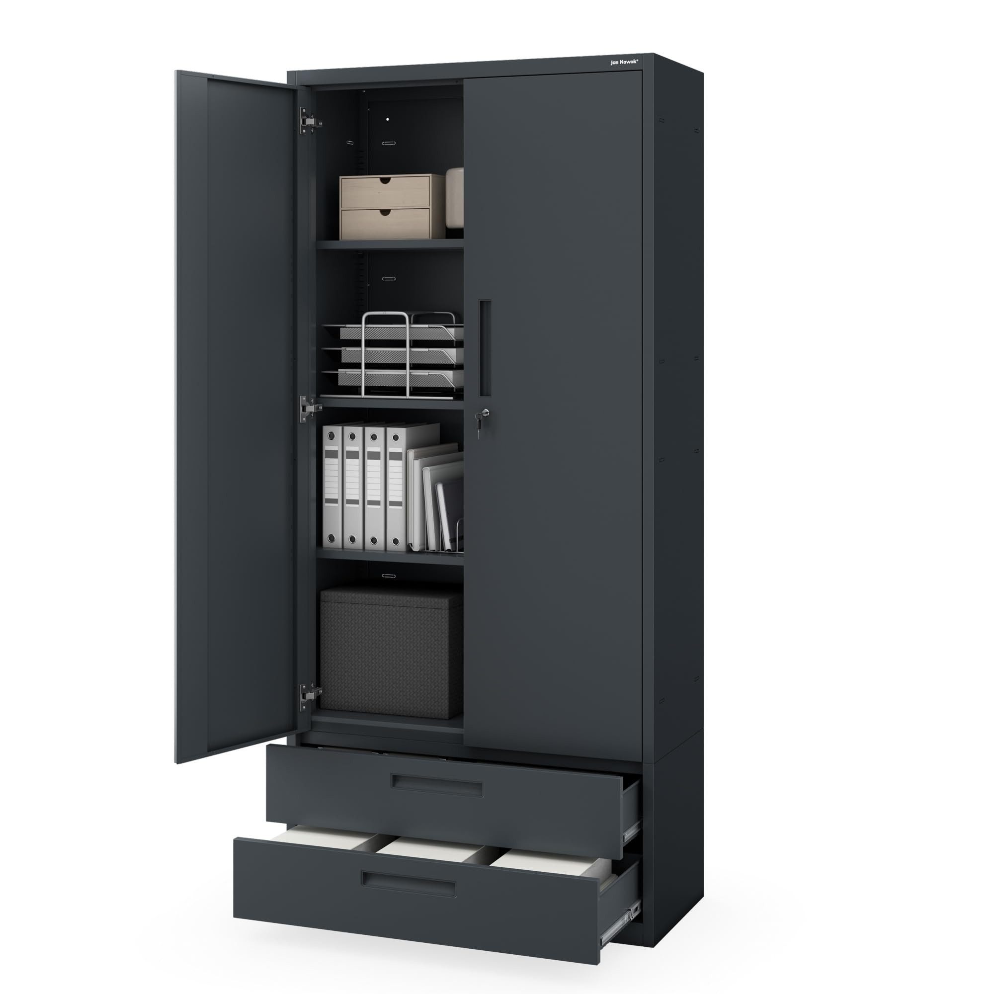 Jan Nowak Mehrzweckschrank Metall Büroschrank 90 cm MEGAN 195 cm Doppelschublade Stahl (Stahl 0,6 mm 195 x 90 x 40 cm Wandmontage möglich PZH) Aktenschrank abschließbar Schloss 2 Schlüssel robust 4 Farben