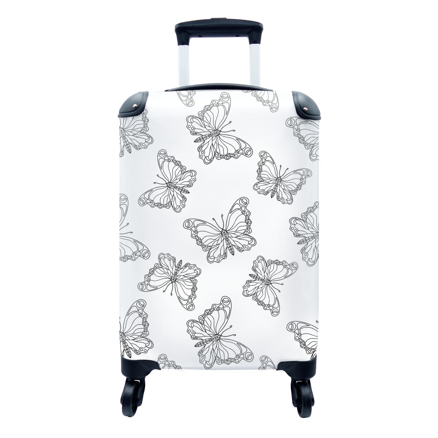 MuchoWow Handgepäckkoffer Schmetterlinge - Muster - Schwarz und Weiß, 4 Rollen, Reisetasche mit rollen, Handgepäck für Ferien, Trolley, Reisekoffer
