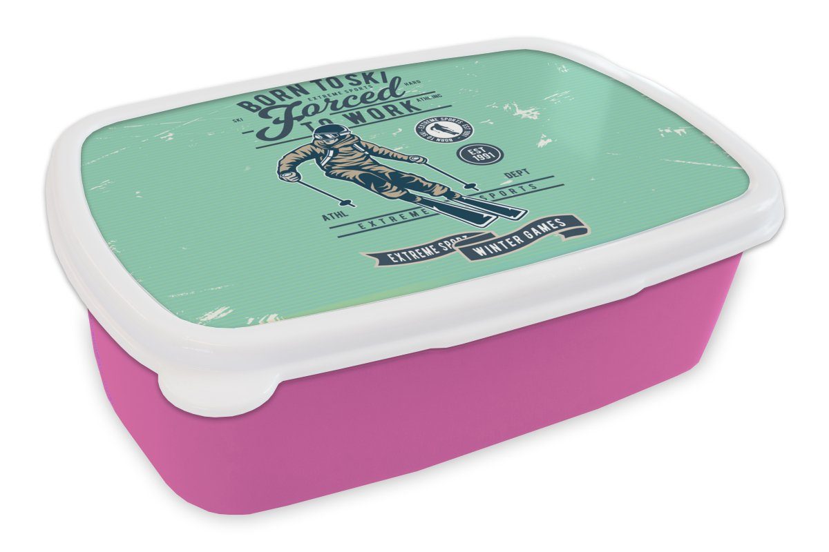 Brotdose Kunststoff rosa Grün, Brotbox Kunststoff, Skianzug (2-tlg), Mädchen, Erwachsene, Kinder, Retro Snackbox, - MuchoWow - für Lunchbox