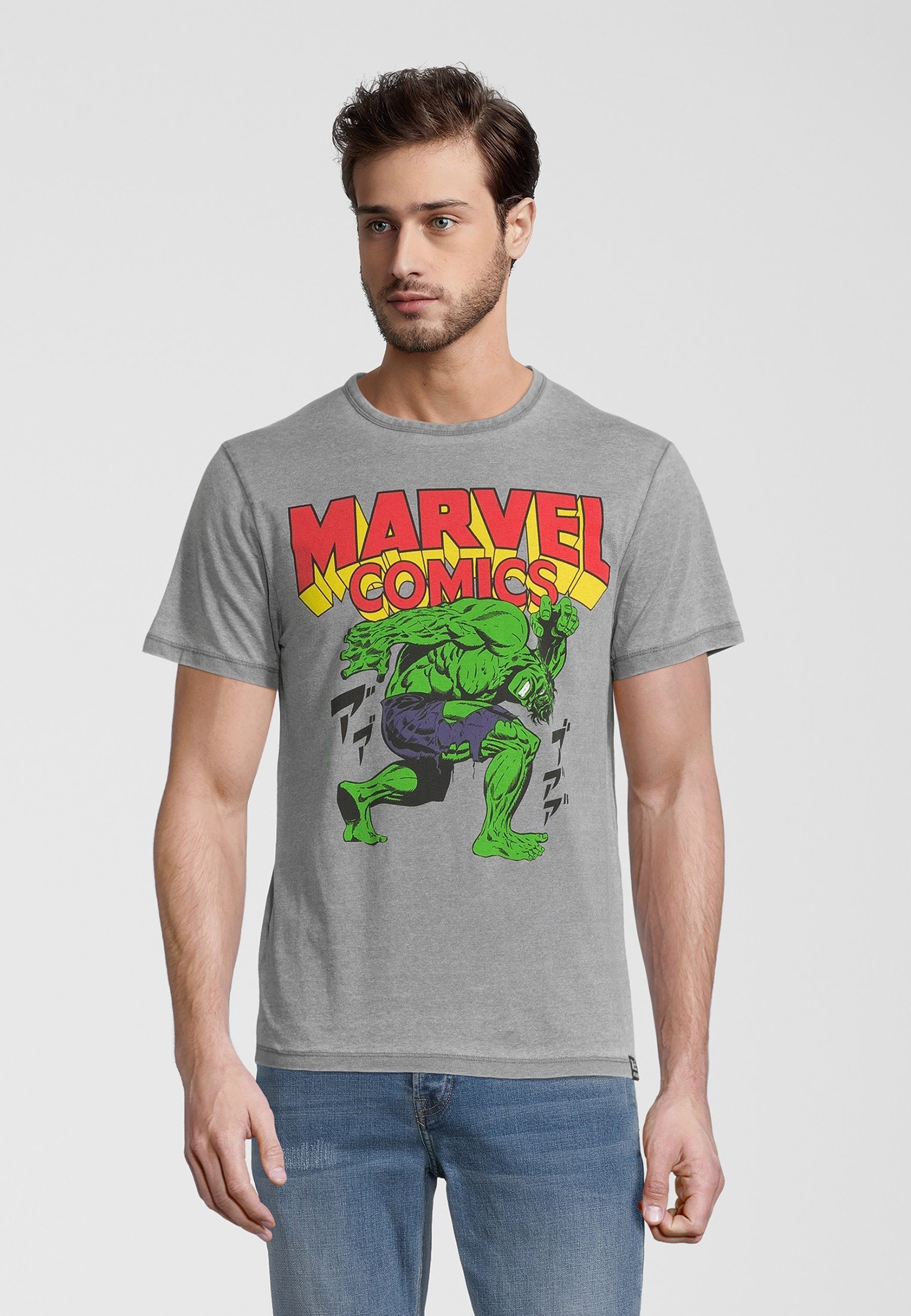 Recovered T-Shirt Marvel Comics Washed Bio-Baumwolle Hellgrau Hulk GOTS zertifizierte Japan