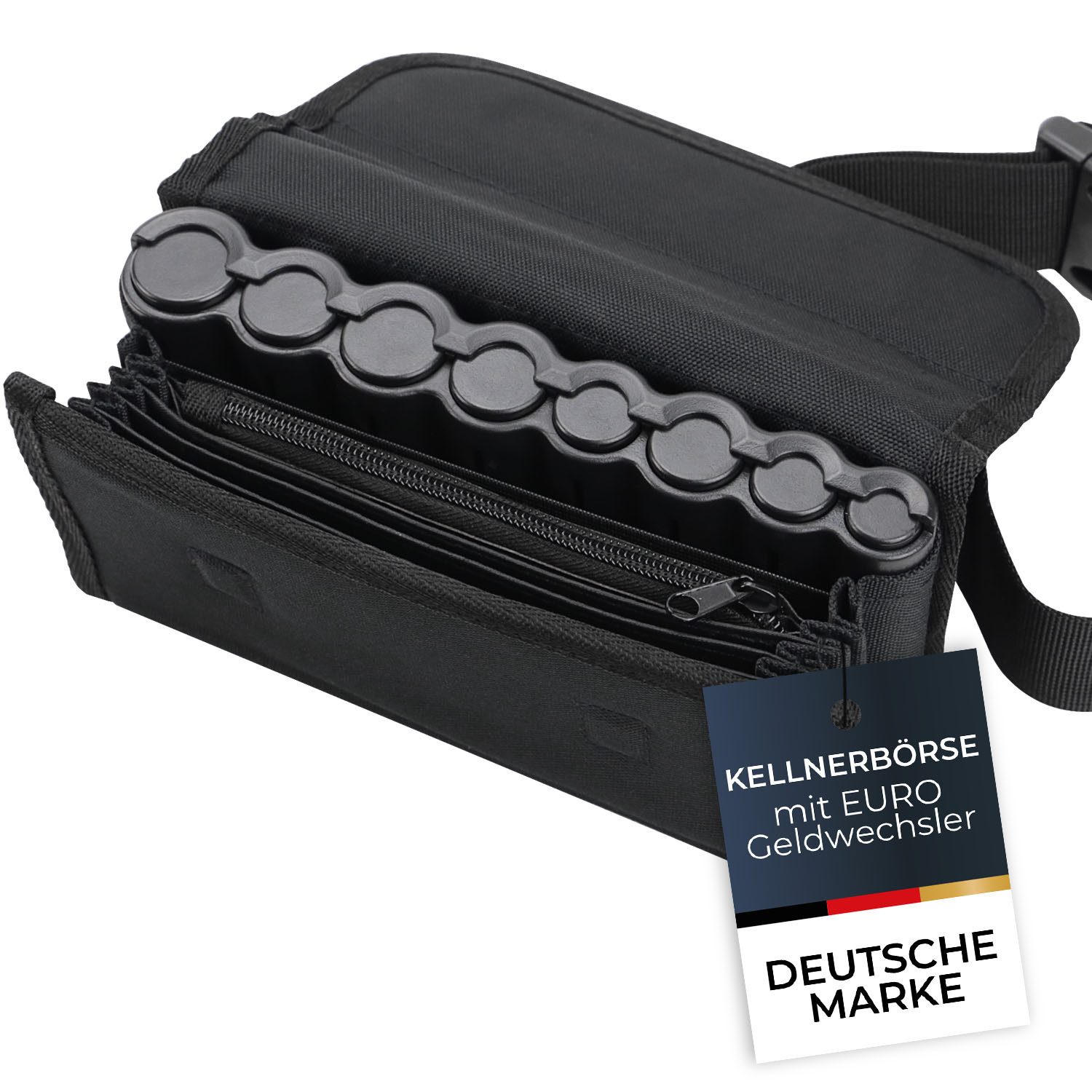 HMF Kellnerbörse Kellnertasche mit herausnehmbaren Euro-Geldwechsler (inkl. Hüftgurt mit Clipverschluss), Kellnerbörse mit Reißverschlussfach, 20,5 cmx6,5 cm x 10,0 cm, schwarz