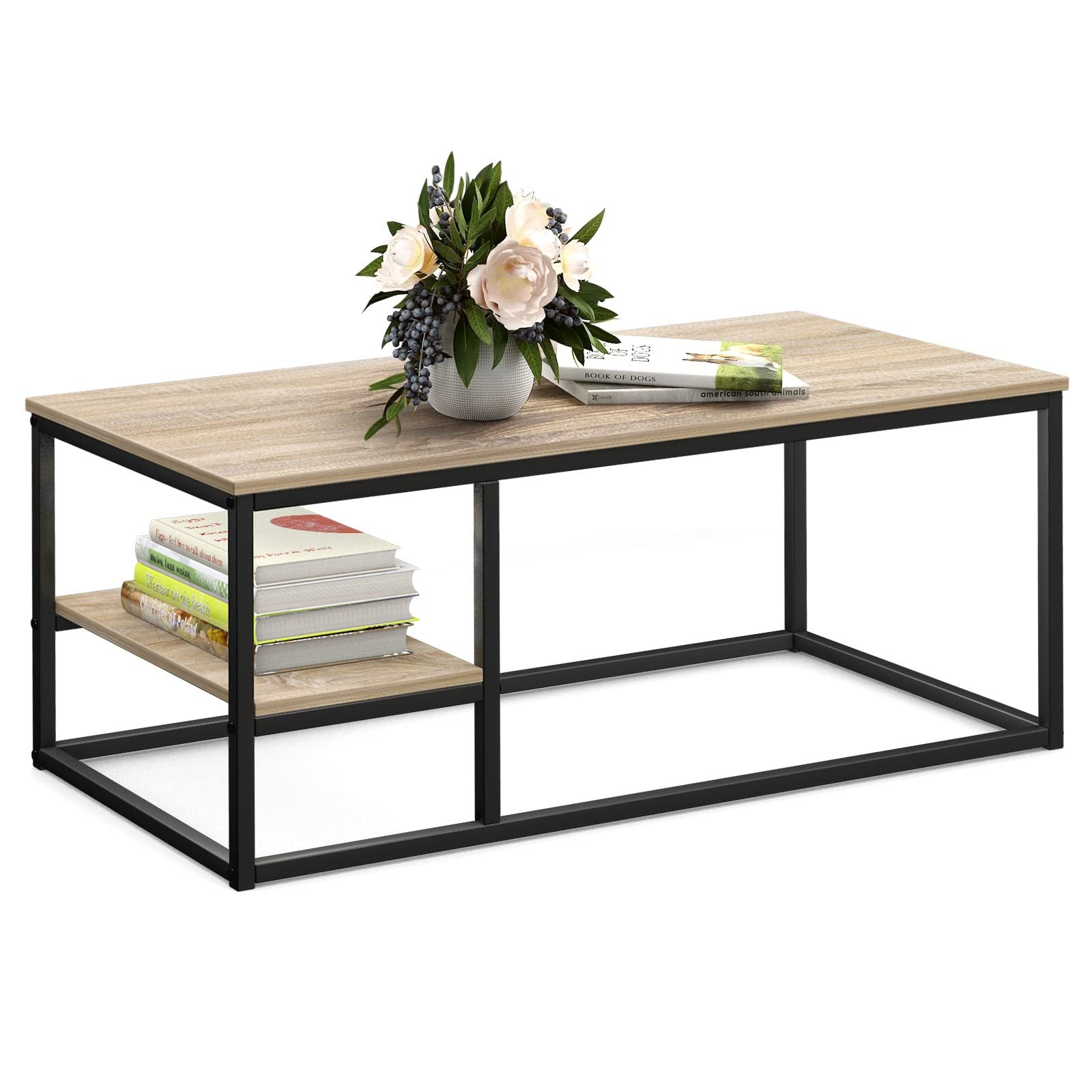 VOWNER Couchtisch Wohnzimmer Tisch, Stahlrahmen (1er-Set), Holzfarbe