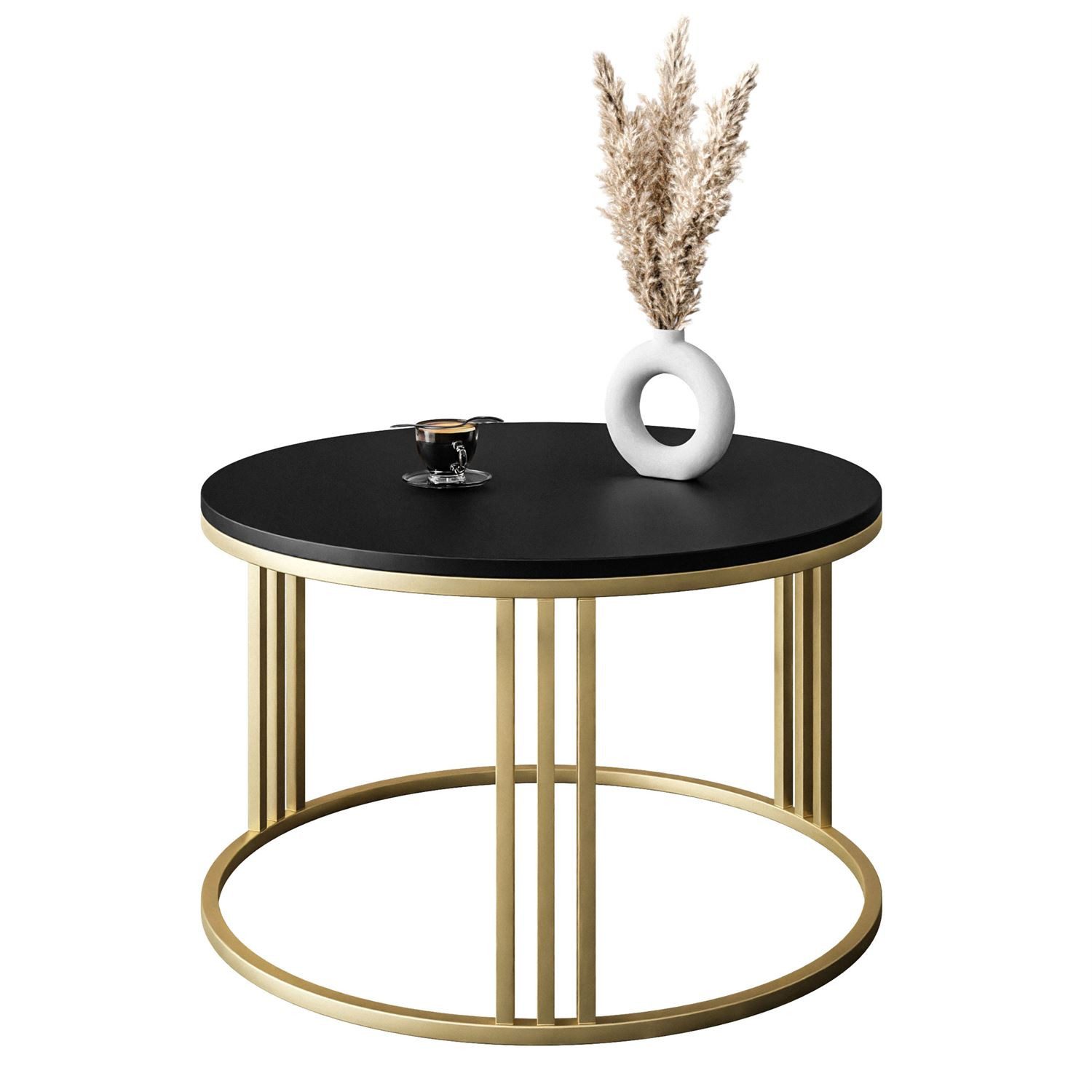 Lookway Couchtisch LORI mit Goldgestell mattschwarz (1x Couchtisch), Durchmesser: ⌀70 cm, Höhe: 48 cm