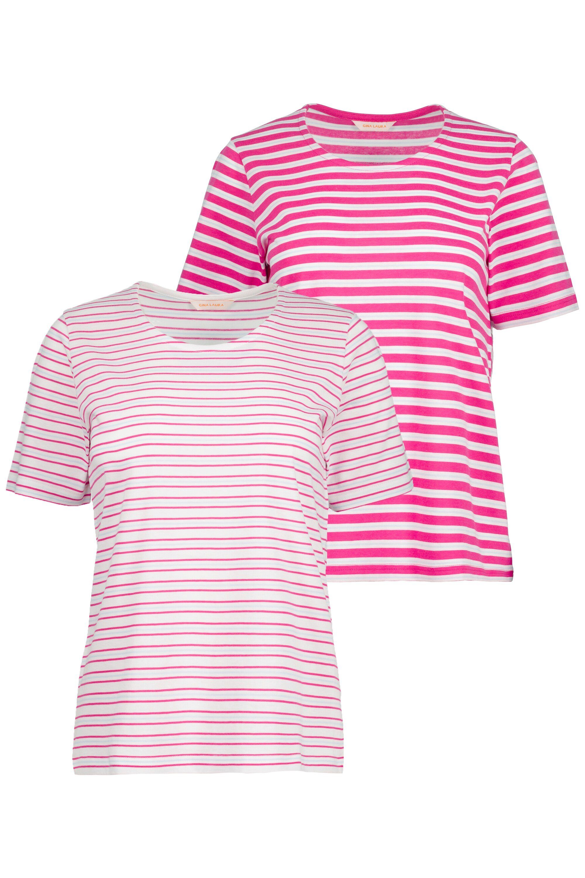 Gina Laura Rundhalsshirt T-Shirts 2er-Pack Ringel Rundhals Halbarm (2-tlg) pink