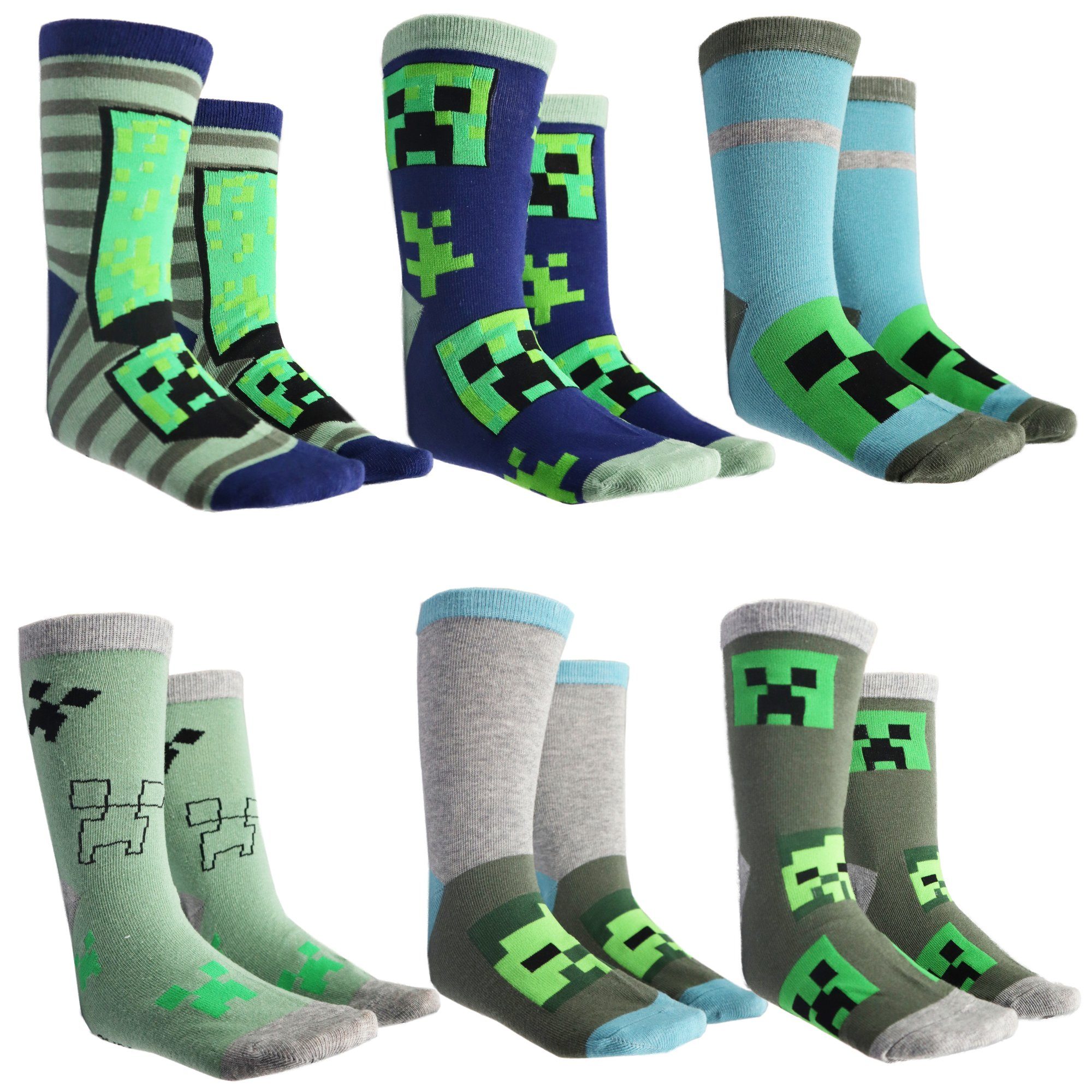 Minecraft Langsocken Minecraft Creeper Kinder Jungen lange Socken 6er Pack (6-Paar) Gr. 27 bis 38