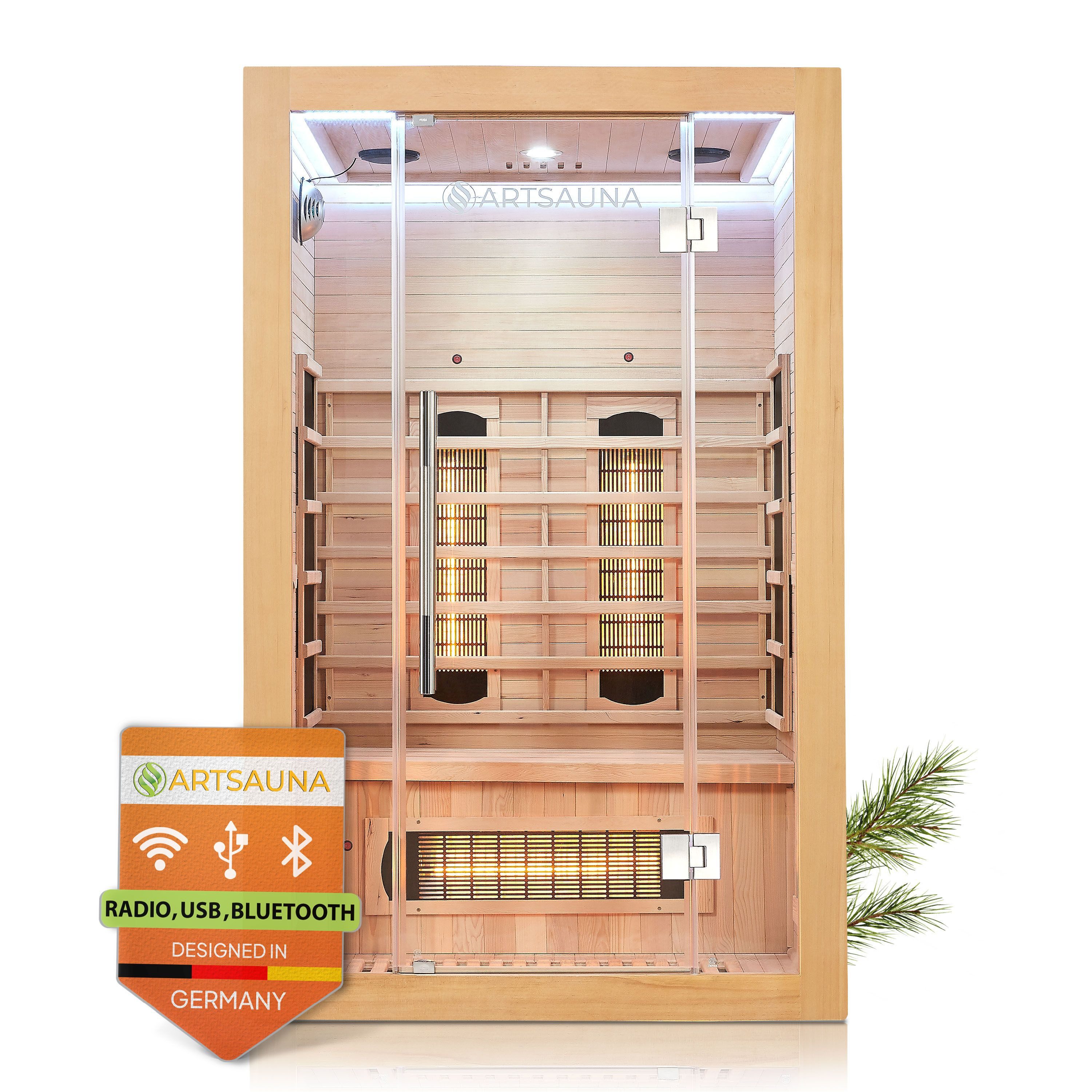 Artsauna Infrarotkabine Kiruna120 Dual Technologie, BxTxH: 120 x 105 x 190 cm, für 2 Personen, Hemlock-Holz, HiFi-System, Ionisator, LED-Farblicht