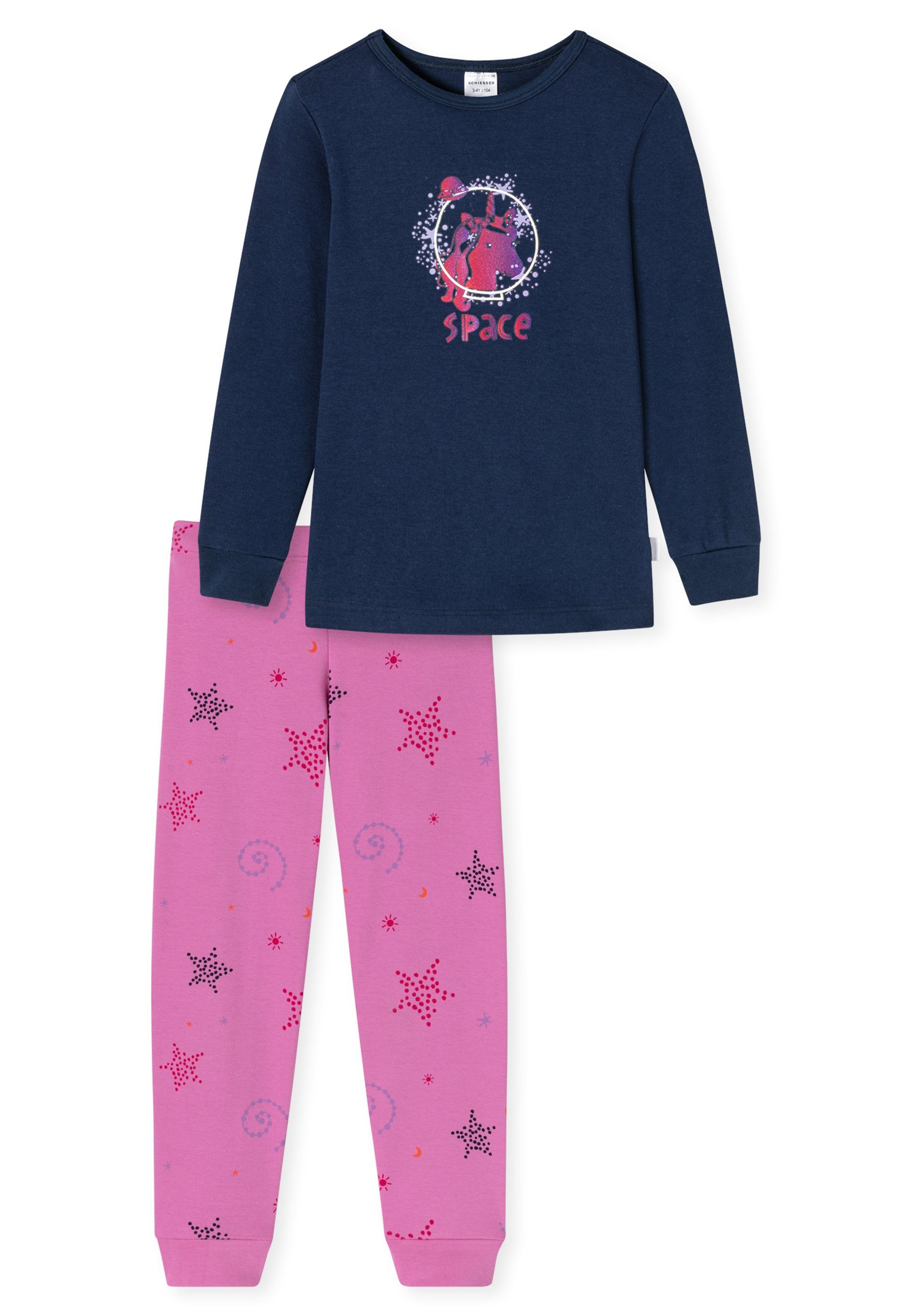 Cotton World Baumwolle Glitzer-Effekt Schlafanzug Girls - Organic - tlg) Brust-Print mit (Set, Schiesser Pyjama 2