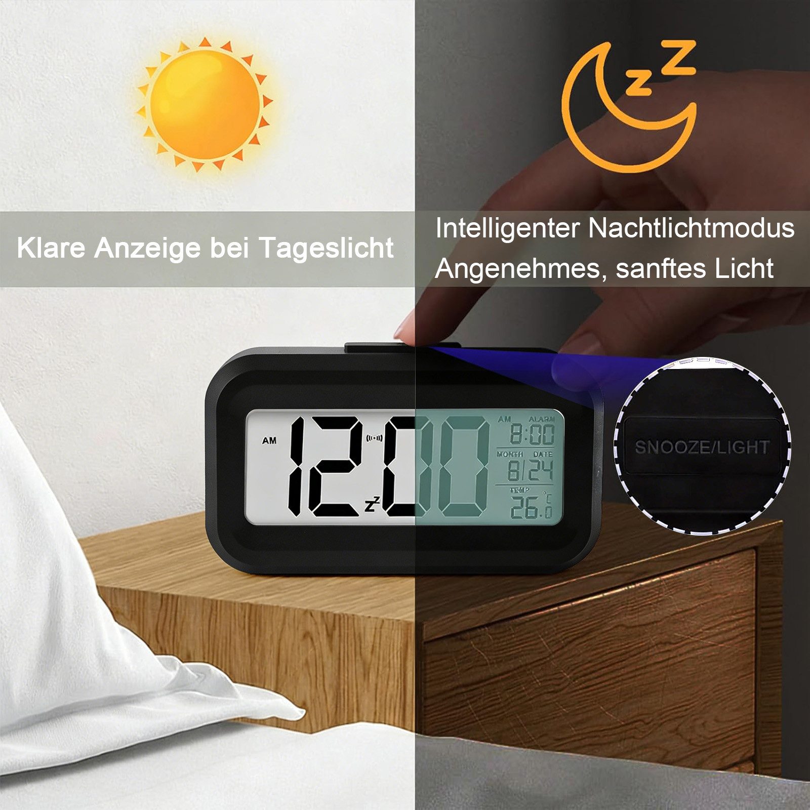 OZAVO Wecker GLNZ17-BK LED wecker Digitaler Wecker für Nachttisch Kinderwecker Mit Temperaturanzeige und Beleuchtung