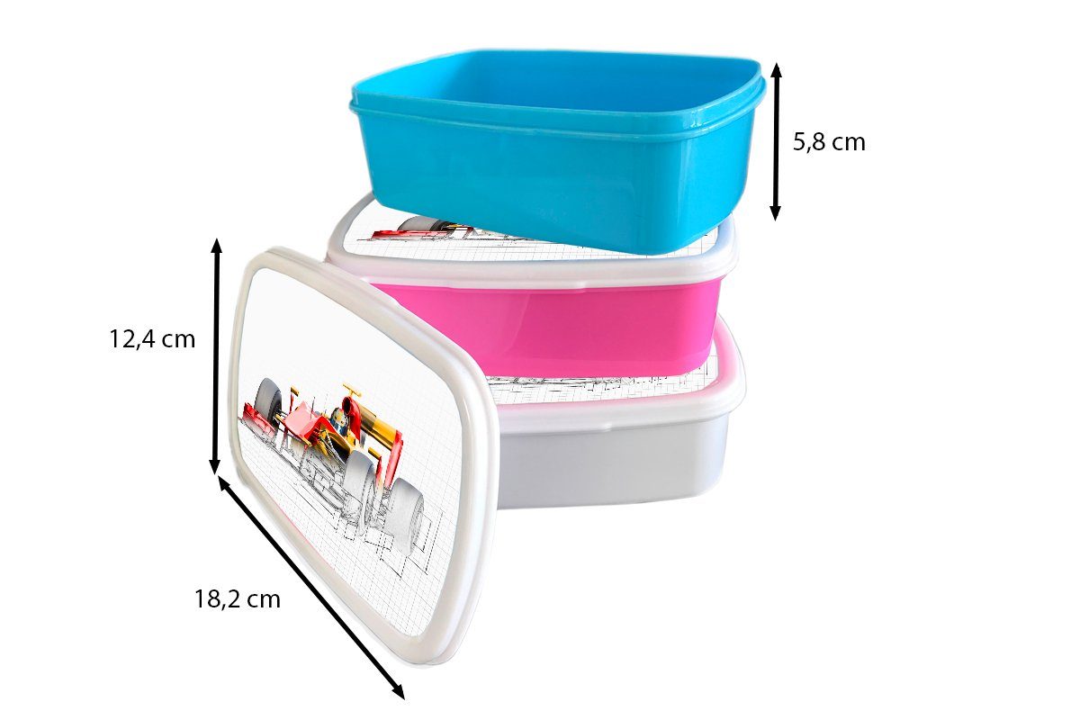 MuchoWow Lunchbox Ein roter 1 (2-tlg), Kunststoff, Brotdose aus Kunststoff für Rennwagen Erwachsene, rosa Illustration, Snackbox, in einer Formel der Mädchen, Kinder, Brotbox