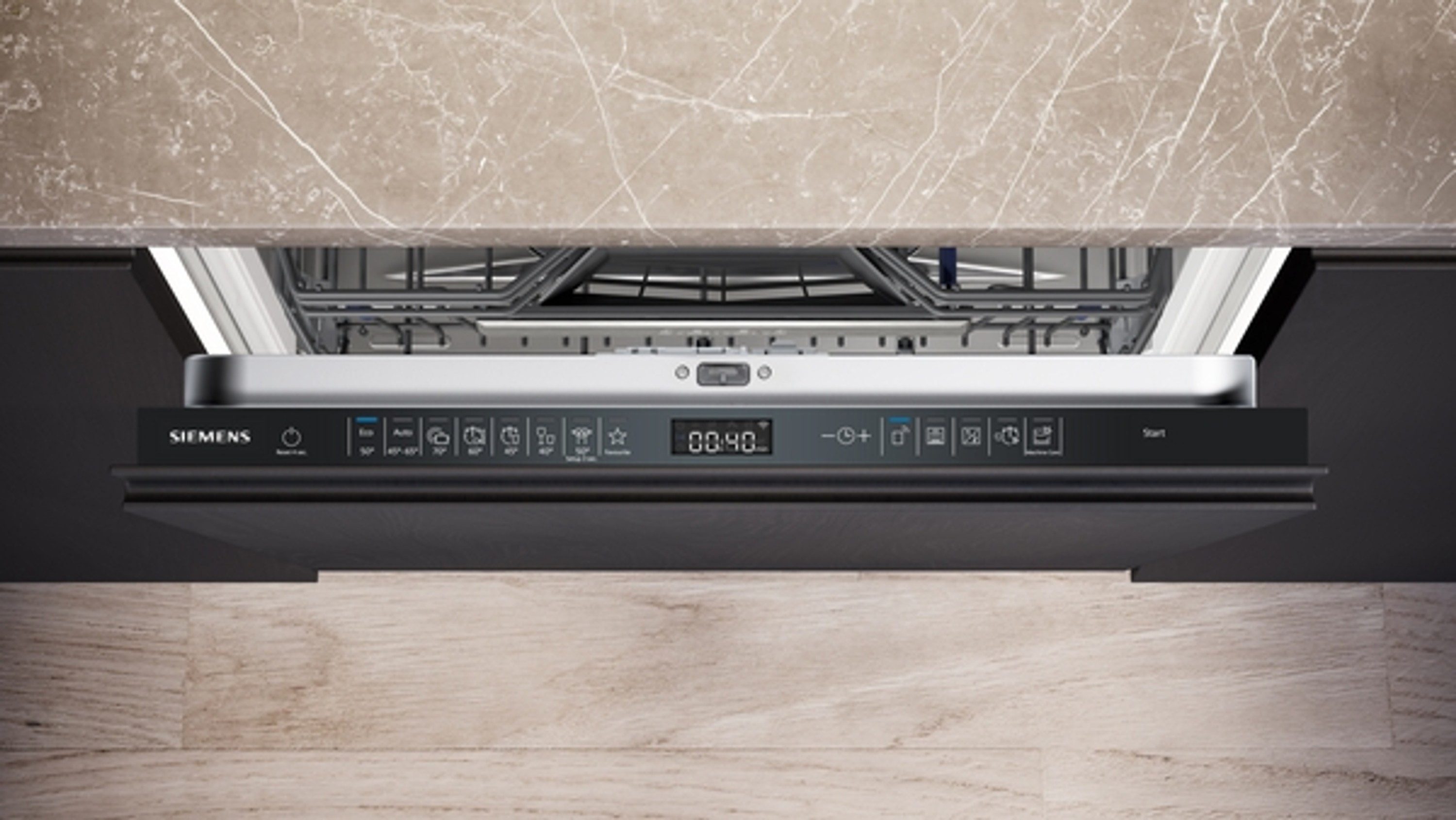 SIEMENS vollintegrierbarer Geschirrspüler iQ500 SN65EX12CE, 9 l, 14 Maßgedecke, Restlaufzeit auf den Boden projiziert, Wifi-fähig