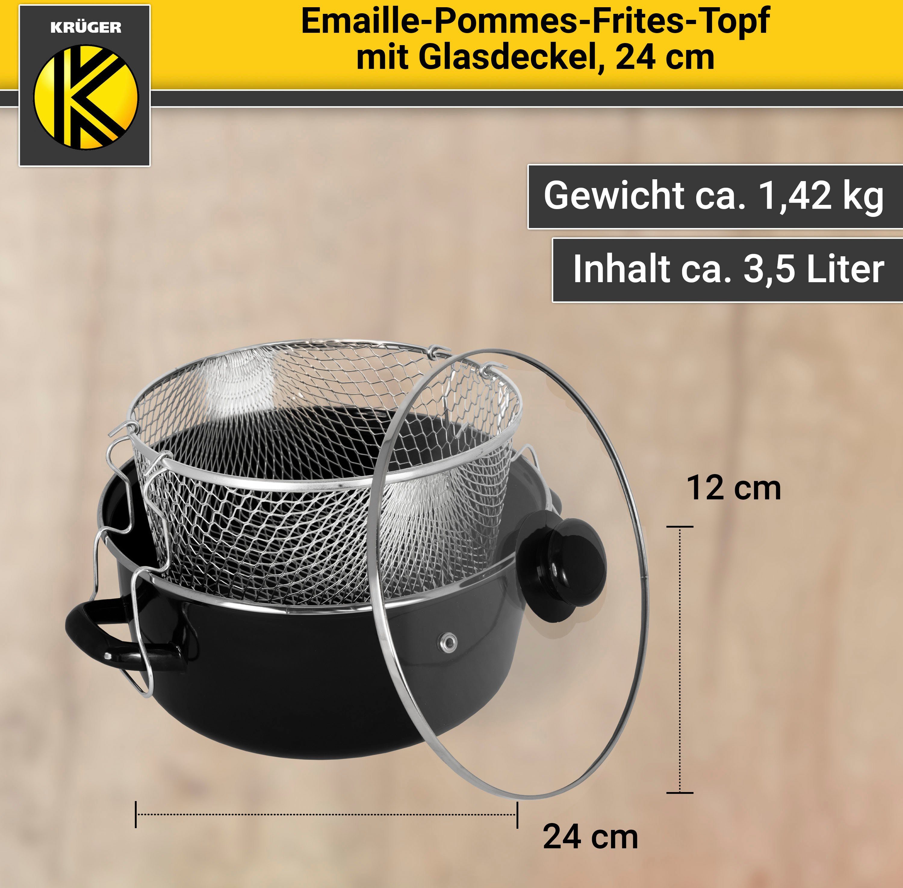 Induktion Krüger Deckel, Emaille, 24 mit Frittiertopf, cm, Ø