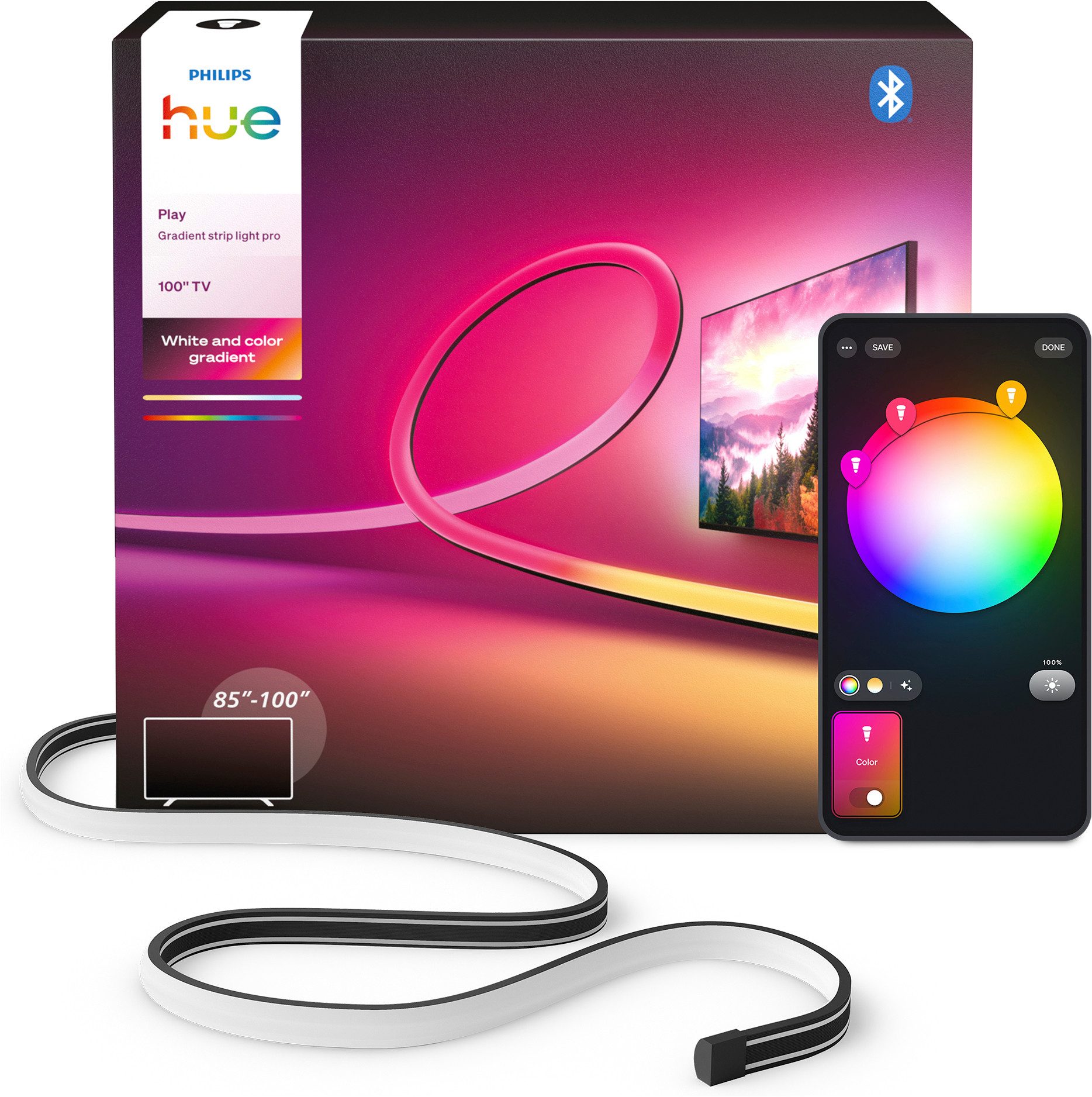 Philips Hue LED-Streifen Play Gradient Lightstrip Pro wahlweise für 65/85/100 Zoll TV, Zuschneidbar, RGBWWIC, weiche Farbverläufe, TV-Synchronisation