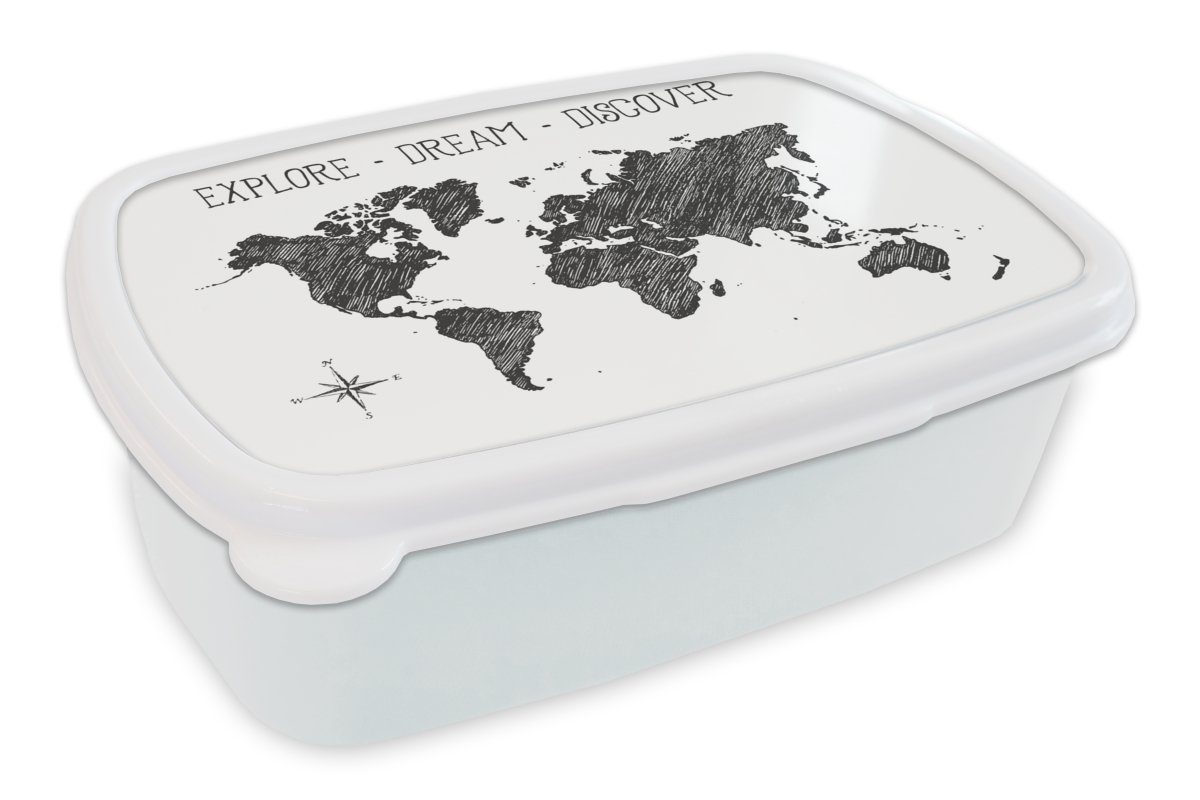 MuchoWow Lunchbox Weltkarte - Zitat - Windrose, Kunststoff, (2-tlg), Brotbox für Kinder und Erwachsene, Brotdose, für Jungs und Mädchen weiß