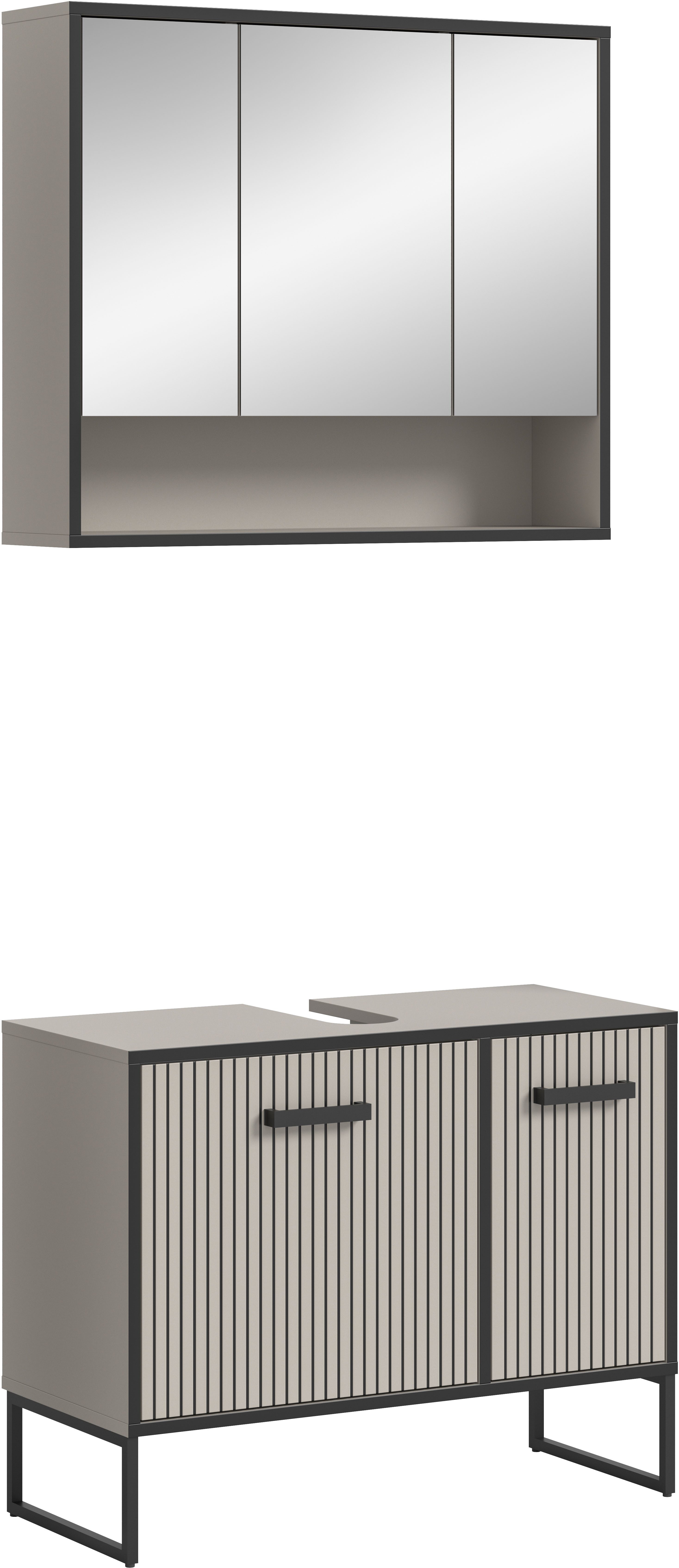 welltime Badmöbel-Set Locri, Breite 80 cm, Rillenoptik, Metallkufen, (2-St), best. aus: Раковиныunterschrank, Spiegelschrank