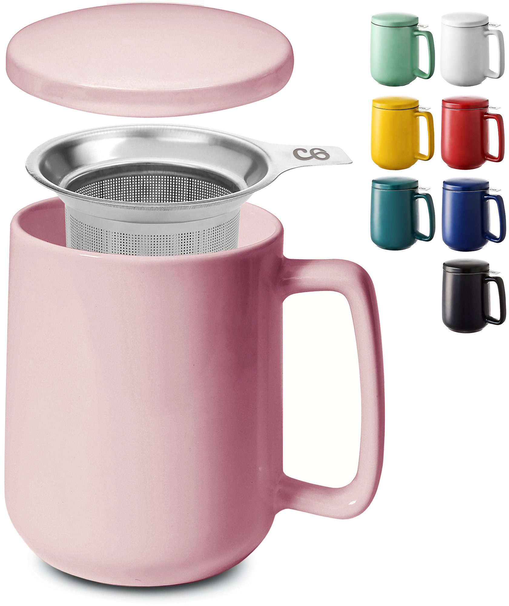 Cosumy Teeglas Teetasse mit Sieb und Deckel 500ml - Jumbotasse, Keramik, Hält Lange warm - 500 ml XXL Groß - Spülmaschinenfest