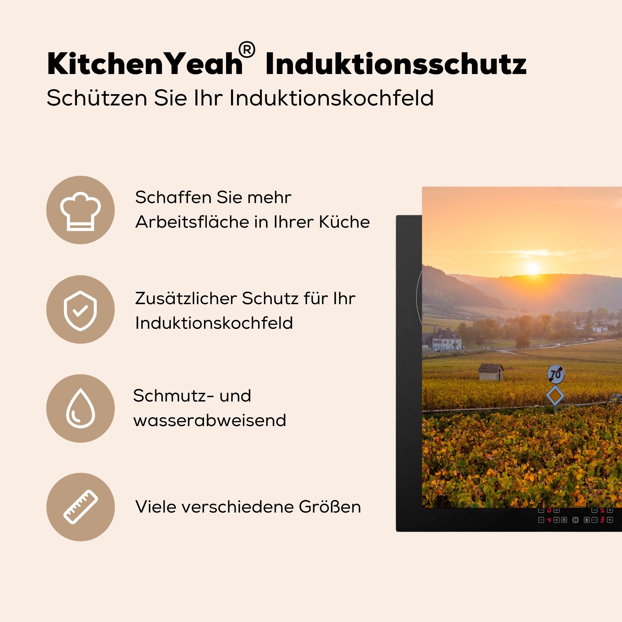 Induktionskochfeld Burgund, - Vinyl, küche, Sonne - Schutz Ceranfeldabdeckung MuchoWow Weinberg für cm, (1 die Herdblende-/Abdeckplatte 81x52 tlg),