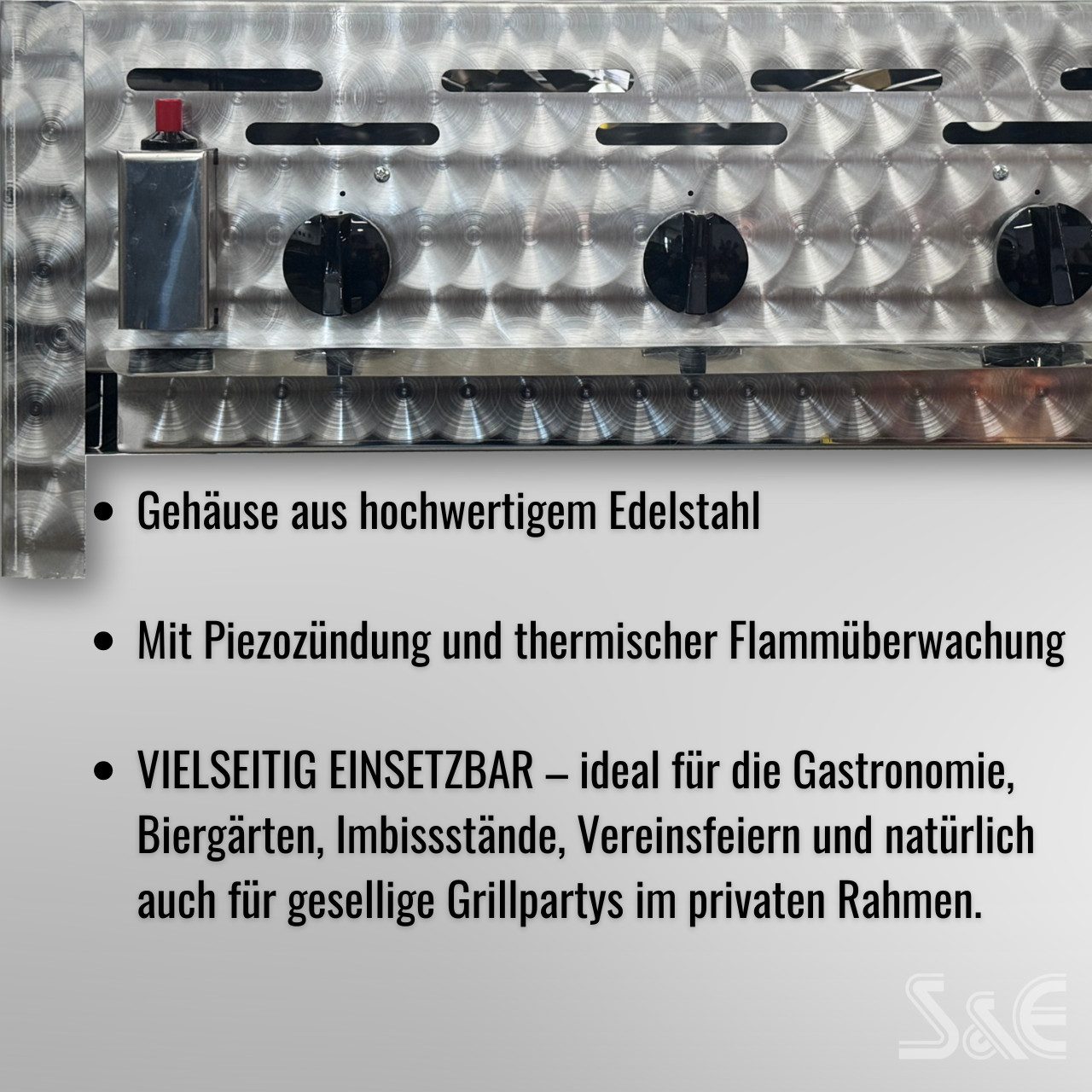 BlueCraft Gasgrill 3 flammig Brenner Edelstahl Gastrobräter Profi Gastrogasgrill mit Rost, mit Gas Schlauch und Druckminderer Tischgrill robust Made in Germany