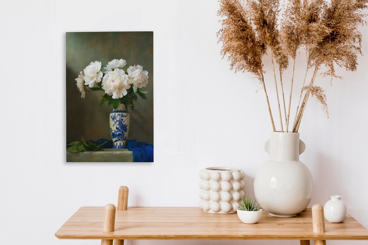 Zackenaufhänger, 20x30 Leinwandbild - Gemälde, fertig (1 Leinwandbild Pfingstrosen OneMillionCanvasses® St), Vase inkl. cm Weiß, - bespannt