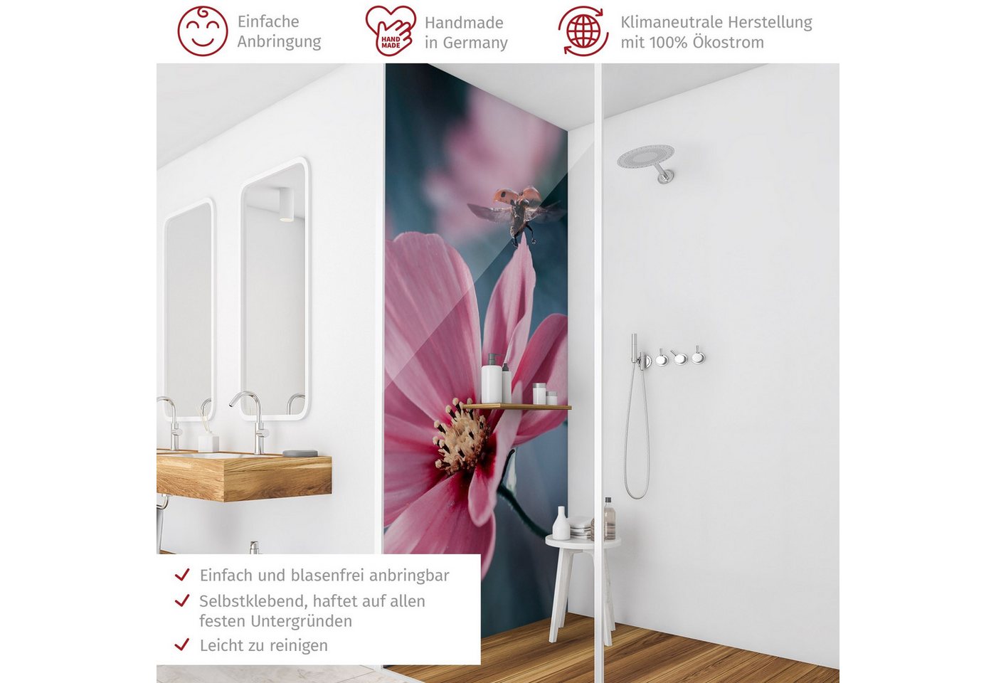 Thumbnail - Bilderdepot24 Badrückwand Blumen rosa Duschrückwand ohne Bohren Dusche Tiere, (1-tlg., Hart-Folie Smart matt 0,35 mm), f...