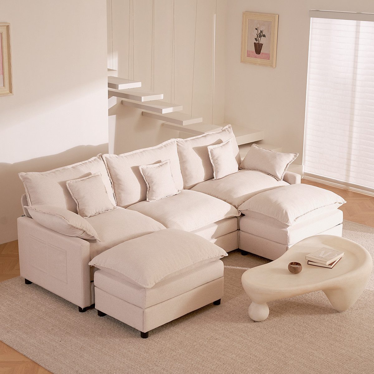 LITBIRD Sofa U-förmiges modulares 3-Sitzer Ecksofa mit Hocker im Cloud-Design, 1 Teile