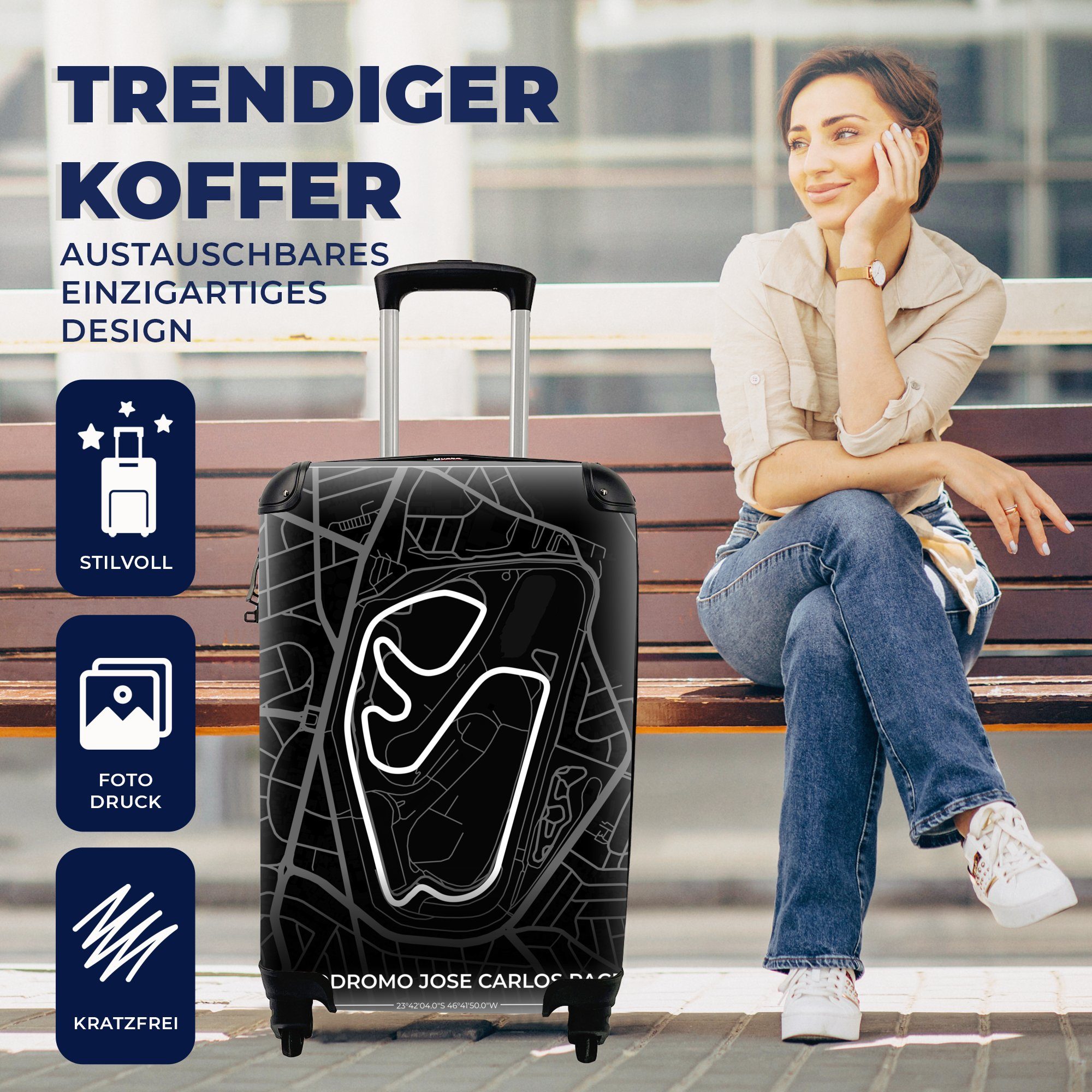 MuchoWow Handgepäckkoffer mit Autódromo Rennstrecke für Carlos, - Handgepäck Trolley, - Reisetasche 4 rollen, Ferien, Brasilien Rundkurs - Formel Reisekoffer 1 José - Rollen