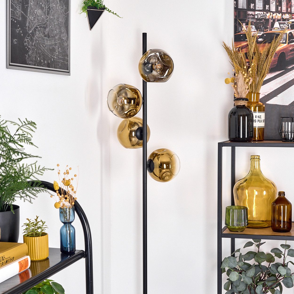 hofstein Stehlampe Stehlampe aus Metall/Glas in Schwarz/Gold/Klar, Retro/Vintage-Design, ohne Leuchtmittel, moderne Stehleuchte, Ø Schirme 15 cm, Fußschalter, 160 cm, E14
