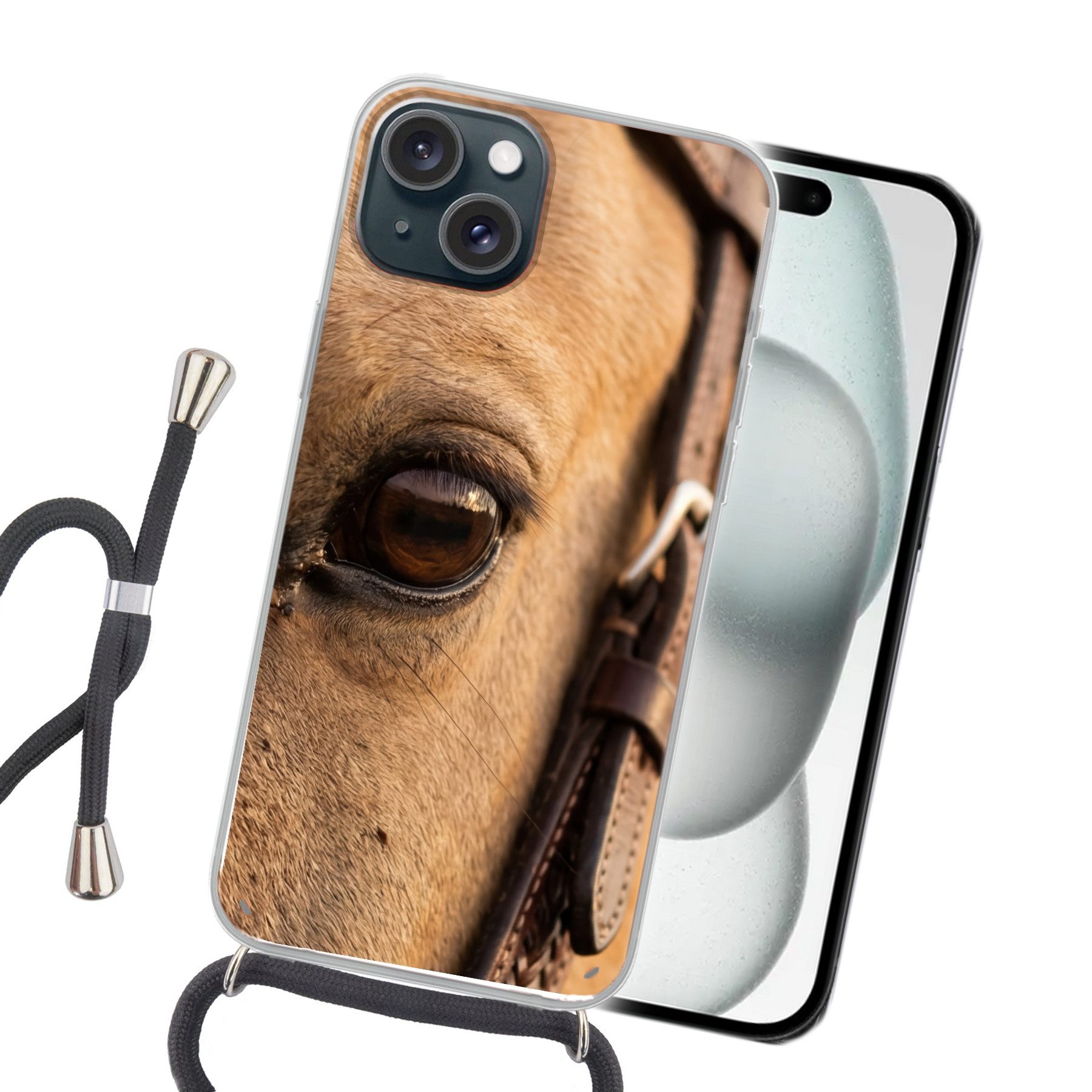 MuchoWow Handyhülle für Apple iPhone 15 Plus Pferd - Auge - Braun, Tragbare Handyhüllen mit Kette zum umhängen, Handykette Handyband