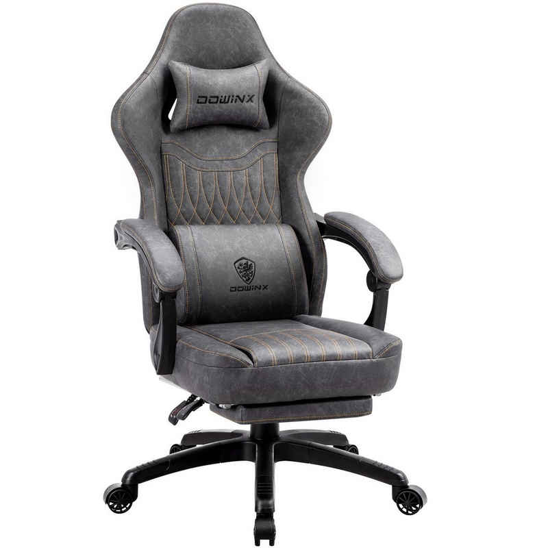 Dowinx Gaming-Stuhl Mit Federkissen, Massage-Lendenwirbelstütze Fußstütze, Rennspielsessel, Ergonomisches Design, PU-Leder, Grau