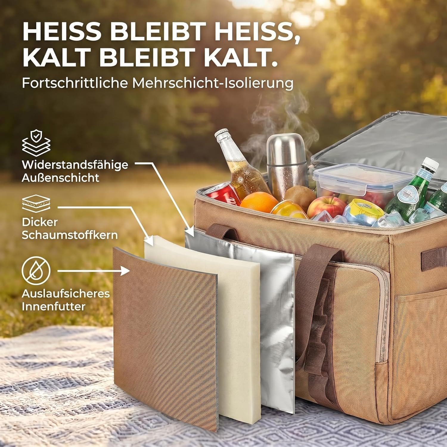 Goods+Gadgets Thermobehälter Kühltasche wasserdicht Thermobehälter Isoliertasche Camping & Picknick, Polyestergewebe, (XXL, Isotasche), Camping-Tasche Wärmetasc – Bild 4 von 5