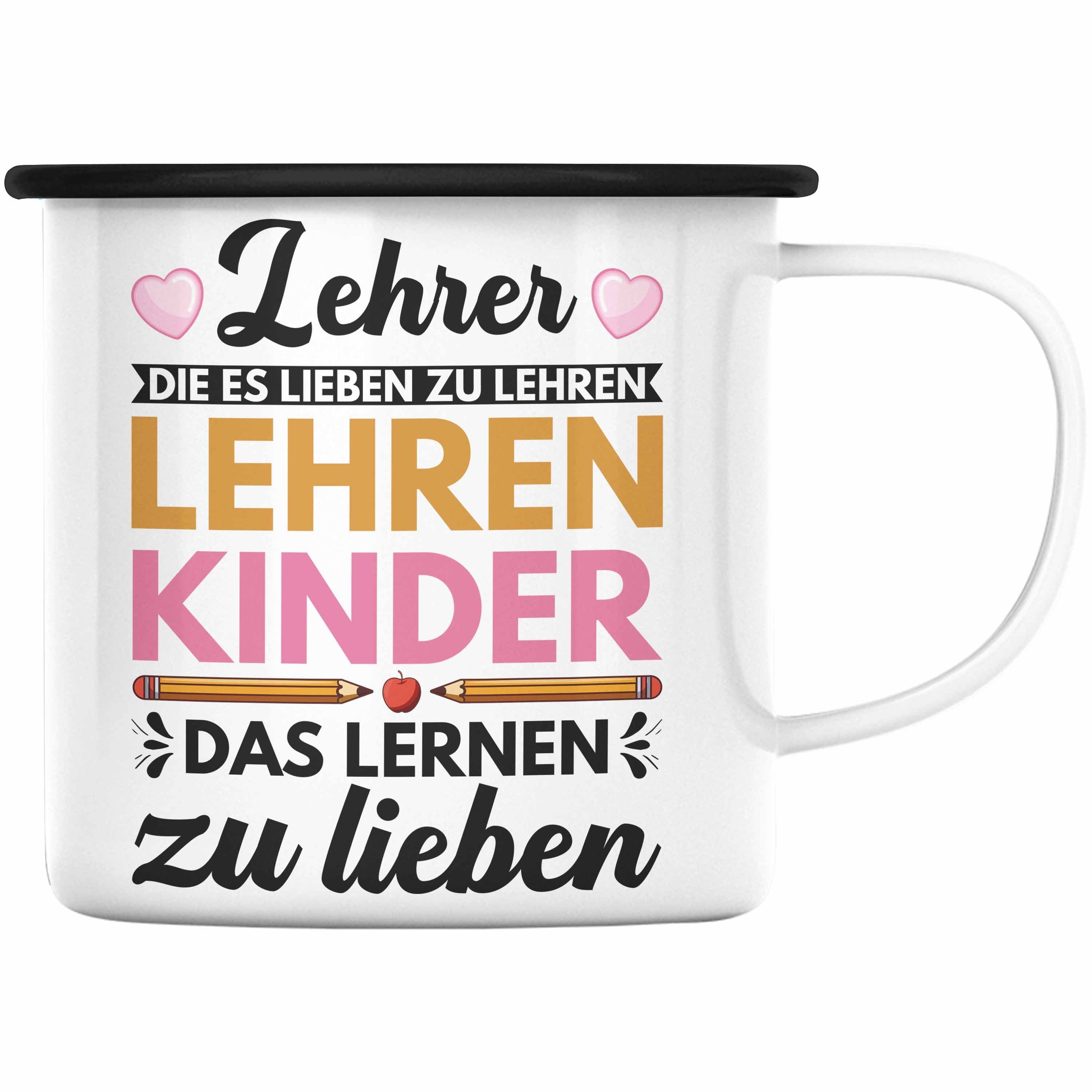 Trendation Thermotasse Trendation - Lehrer Abschiedsgeschenk Lehrerin Geschenk Emaille Tasse zum Abschied Klassenlehrerin Danke Geschenkidee Schwarz