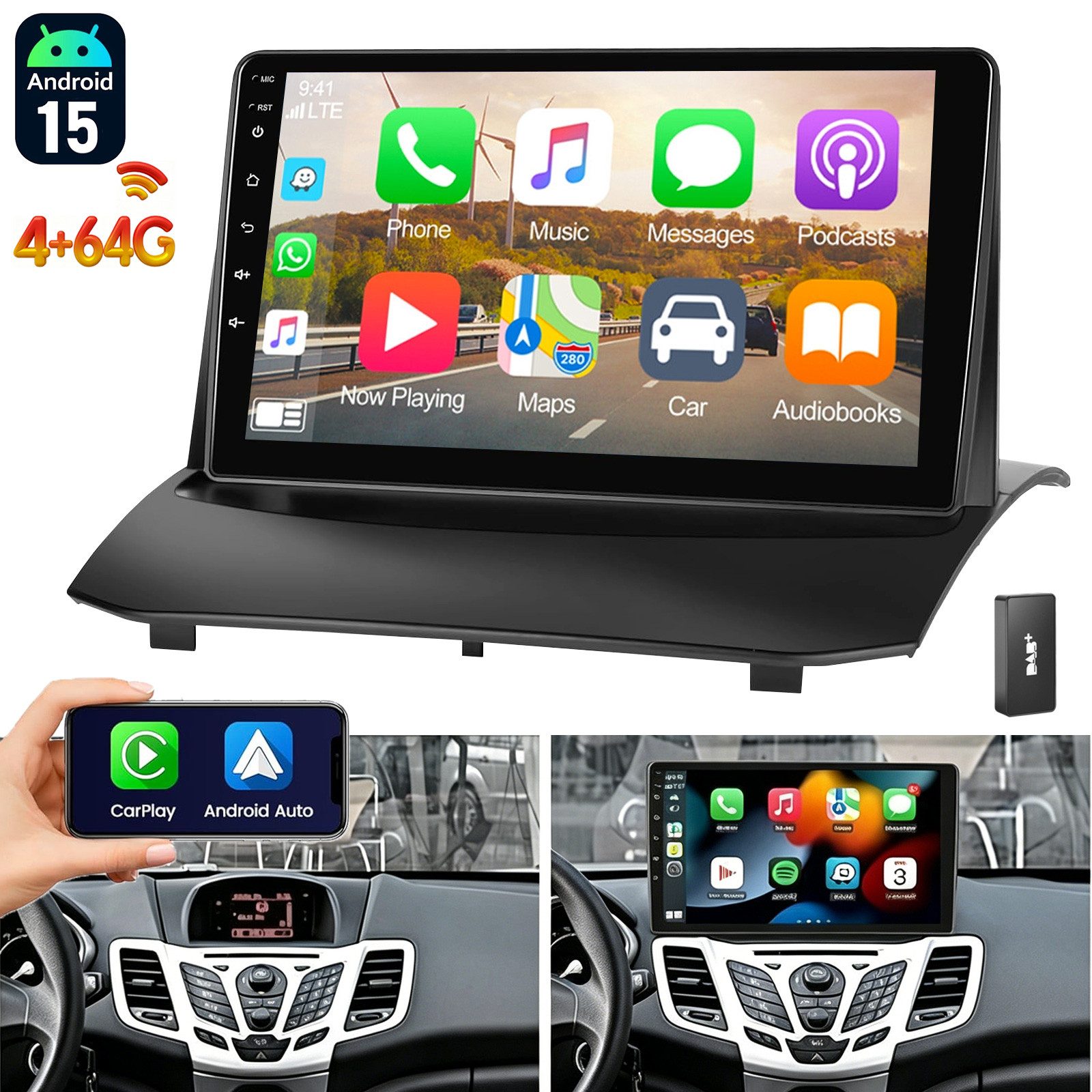 ESSGOO DAB+ Android 15 Autoradio GPS Navi WIFI Für Ford Fiesta MK6 2009-2017 Autoradio (4+64GB(optional), FM, AM, DAB+ (optional), Apple Carplay & Android Auto,Bluetooth EQ USB Touchscreen SWC)