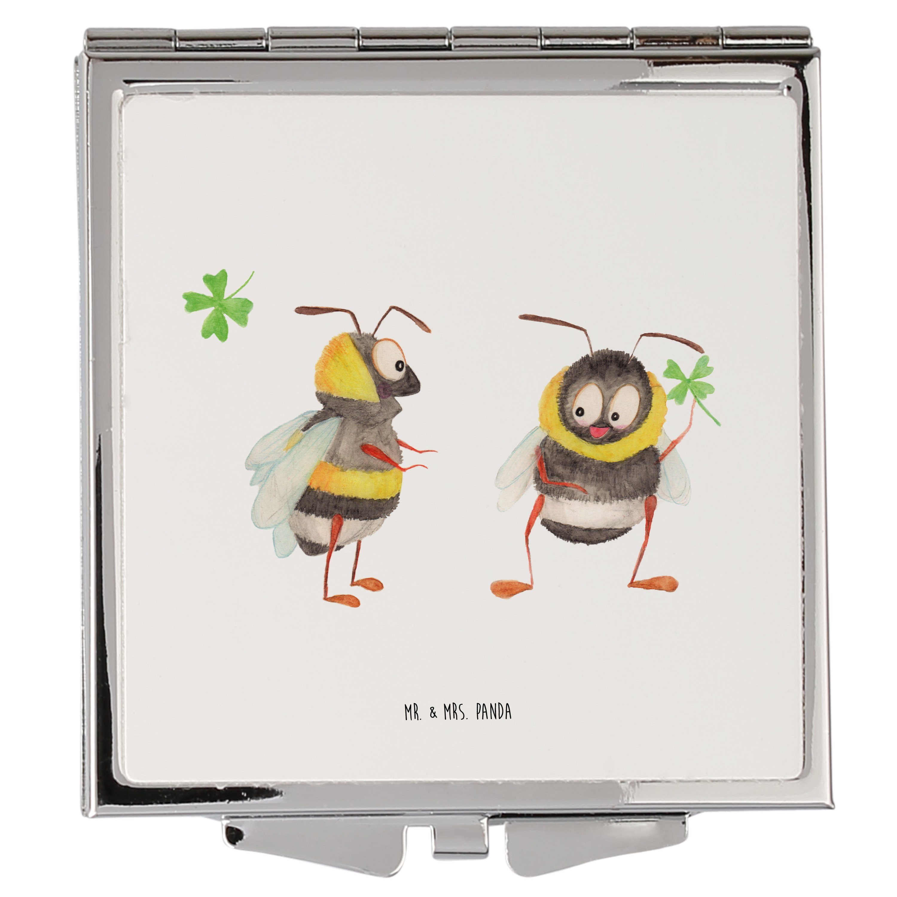 Mr. & Mrs. Panda Kosmetikspiegel Hummeln mit Kleeblatt - Weiß - Geschenk, glücklich sein, Quadrat, glü (1-St)
