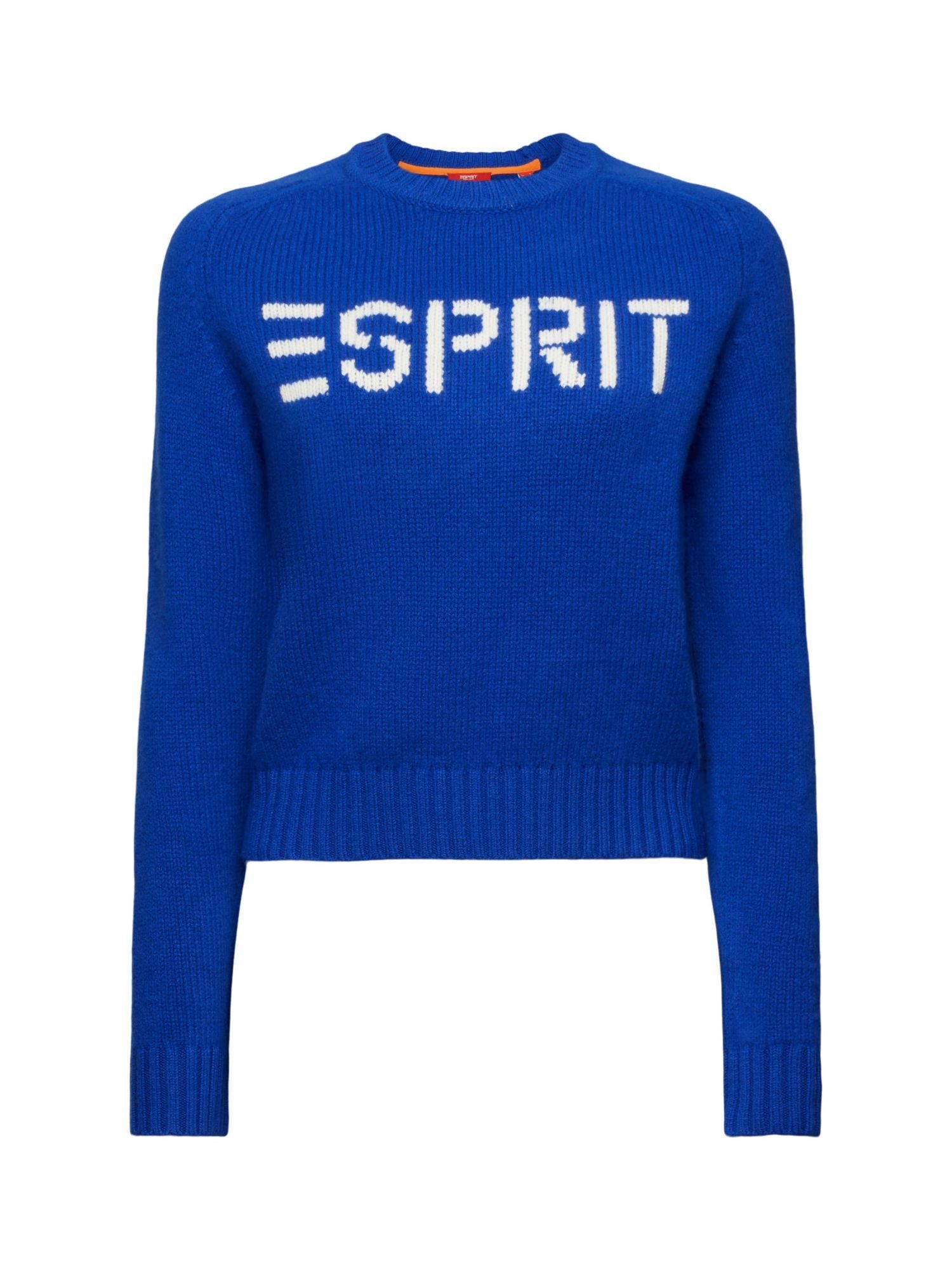 Esprit Rundhalspullover Logo-Pullover aus Wolle und Kaschmir BRIGHT BLUE