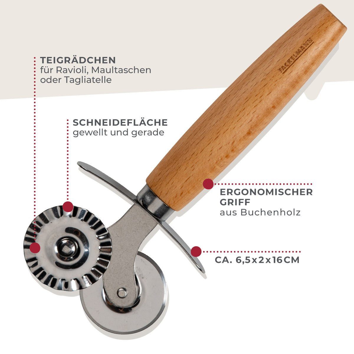 FACKELMANN Teigrädchen Teigrädchen für Pizza & Pasta, Edelstahl, Ergonomischer Buchengriff