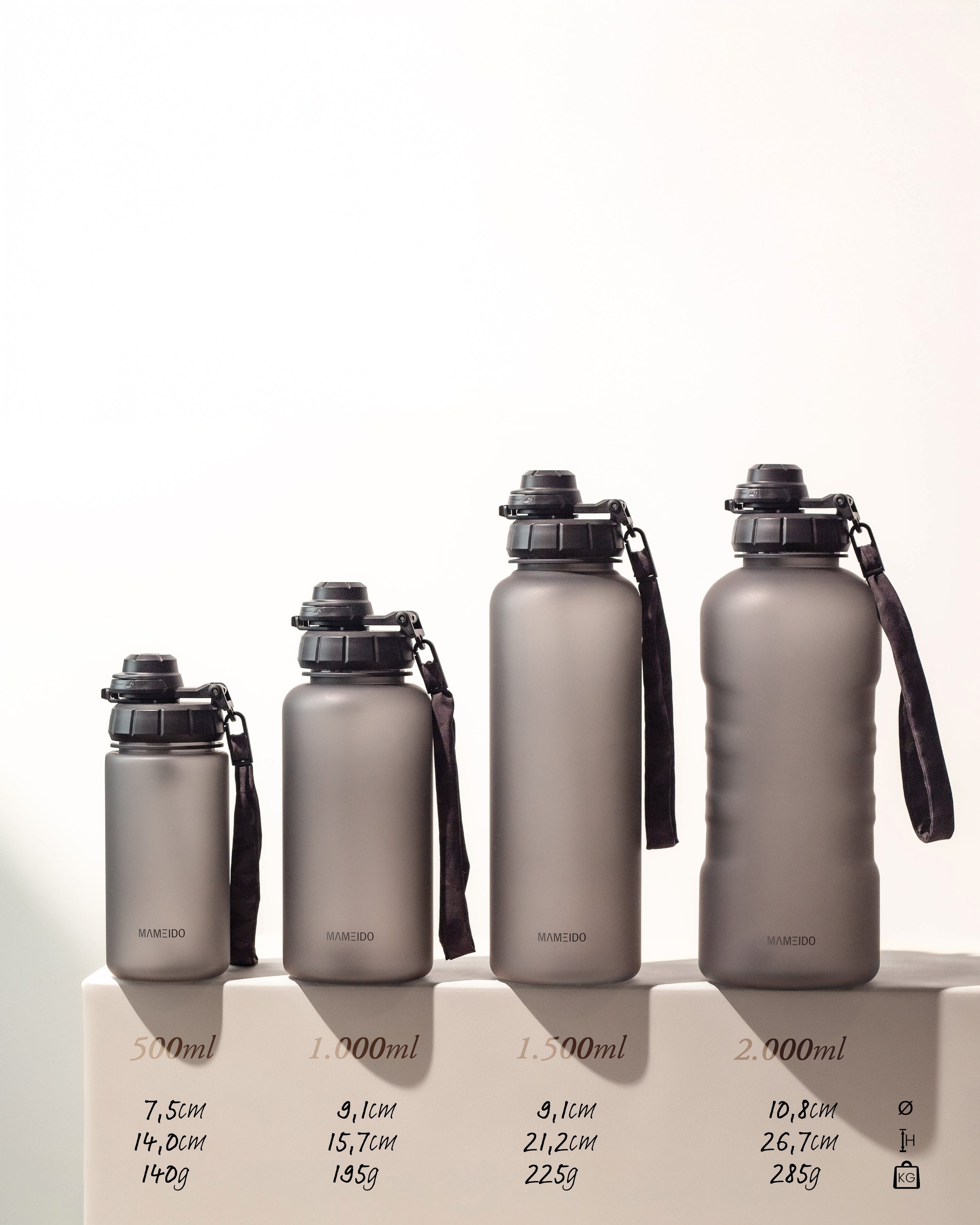 MAMEIDO Trinkflasche, mit 2-in-1 Deckel, Zeitmarkierung, Handschlaufe in 0,5l, 1l, 1,5l & 2l